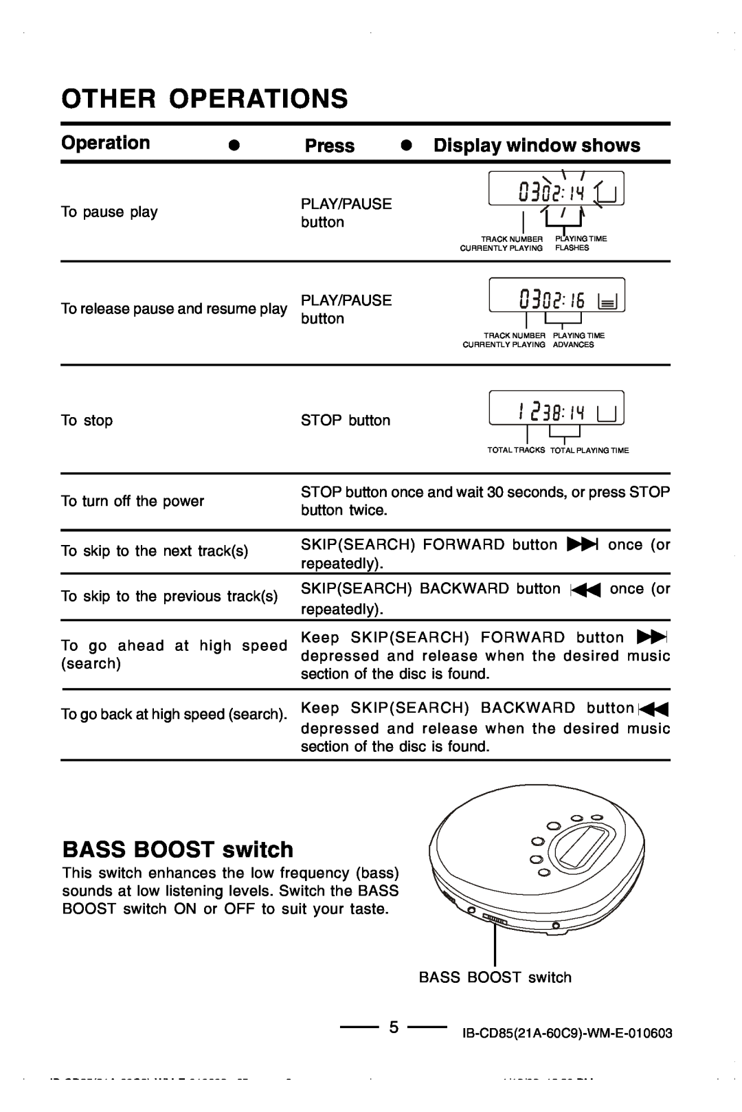 Lenoxx Electronics CD85 manual Other Operations, BASS BOOST switch 