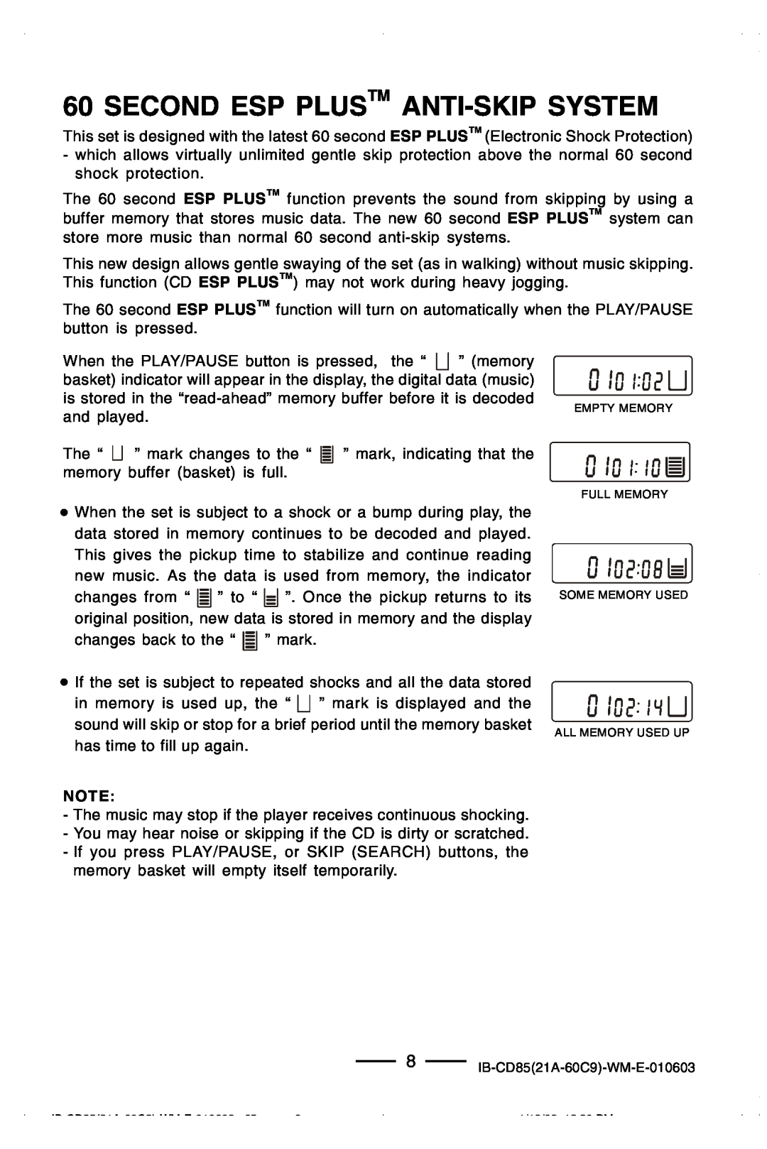 Lenoxx Electronics manual Second Esp Plustm Anti-Skipsystem, 8IB-CD8521A-60C9-WM-E-010603 