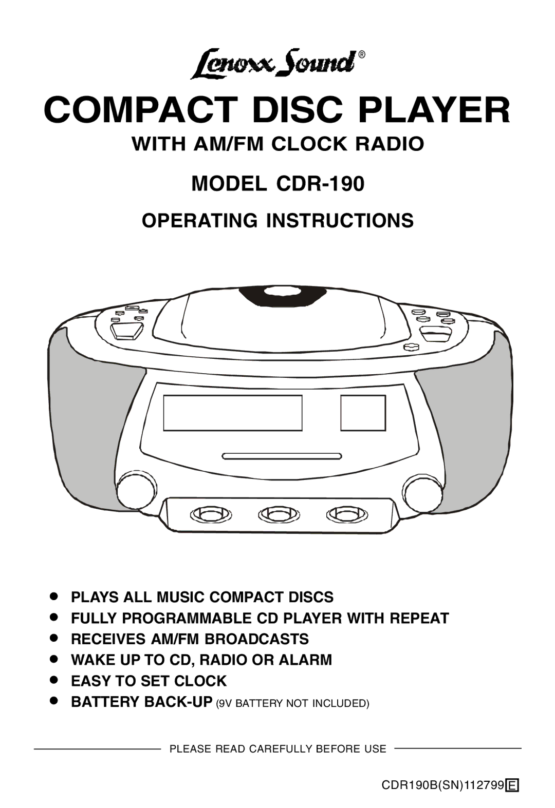 Lenoxx Electronics CDR-190 operating instructions Compact Disc Player 