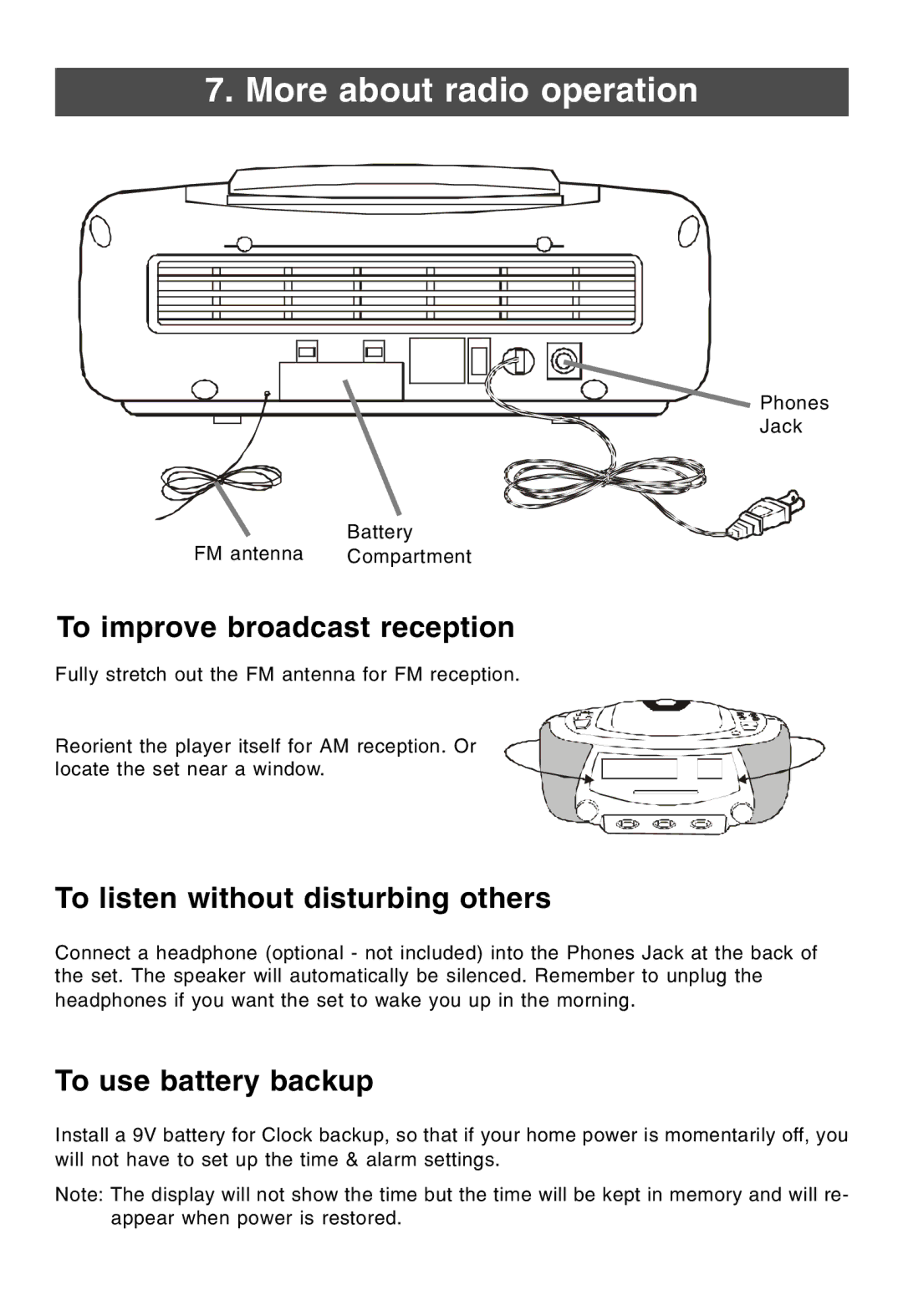 Lenoxx Electronics CDR-190 More about radio operation, To improve broadcast reception, To listen without disturbing others 