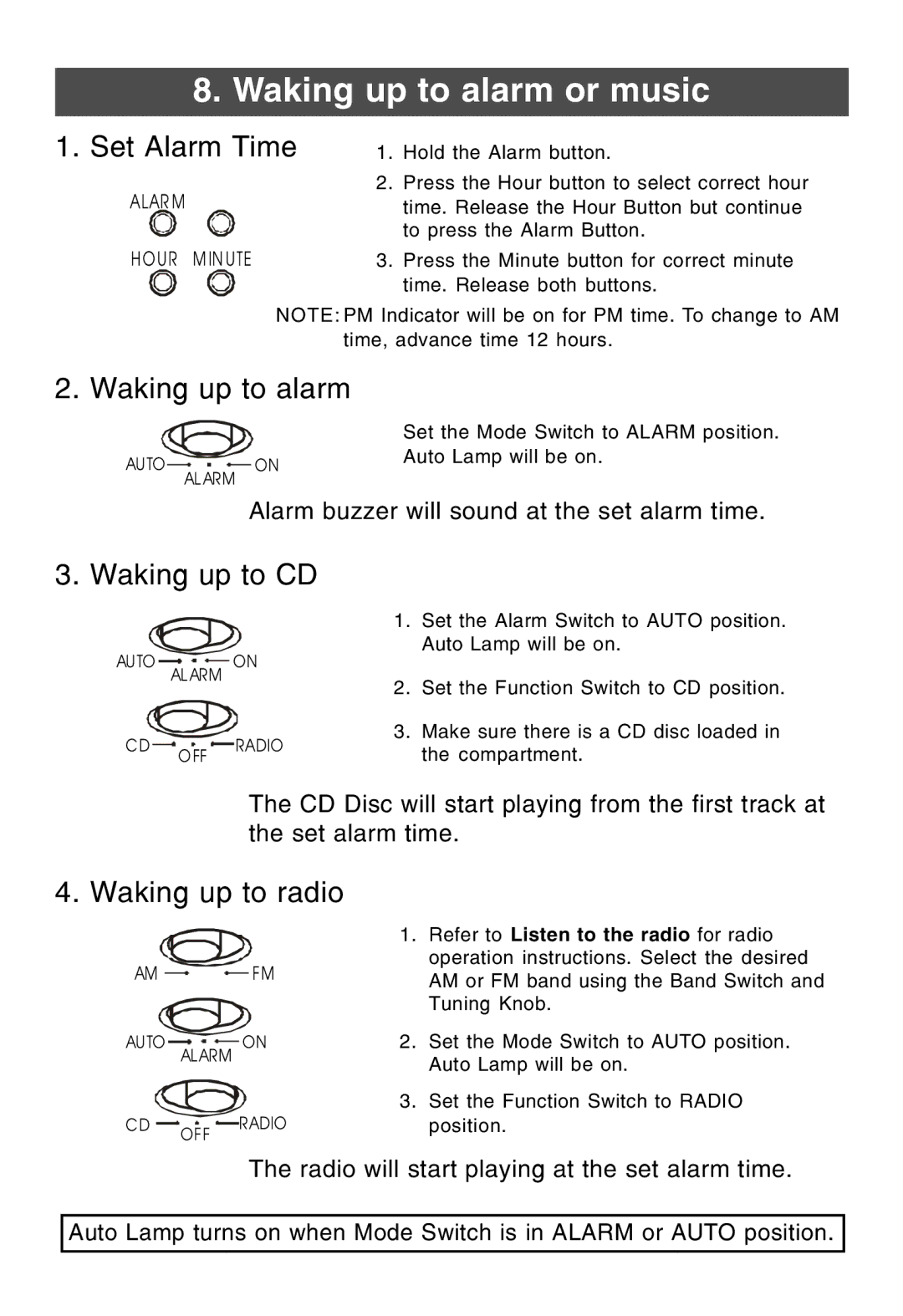 Lenoxx Electronics CDR-190 Waking up to alarm or music, Set Alarm Time, Waking up to CD, Waking up to radio 