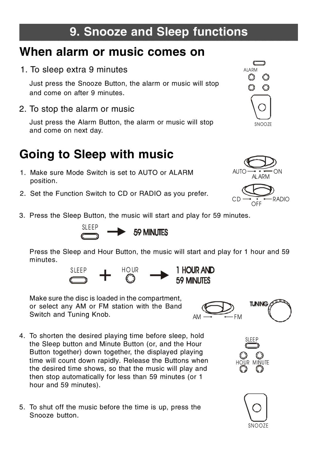 Lenoxx Electronics CDR-190 operating instructions Snooze and Sleep functions When alarm or music comes on, Leep 