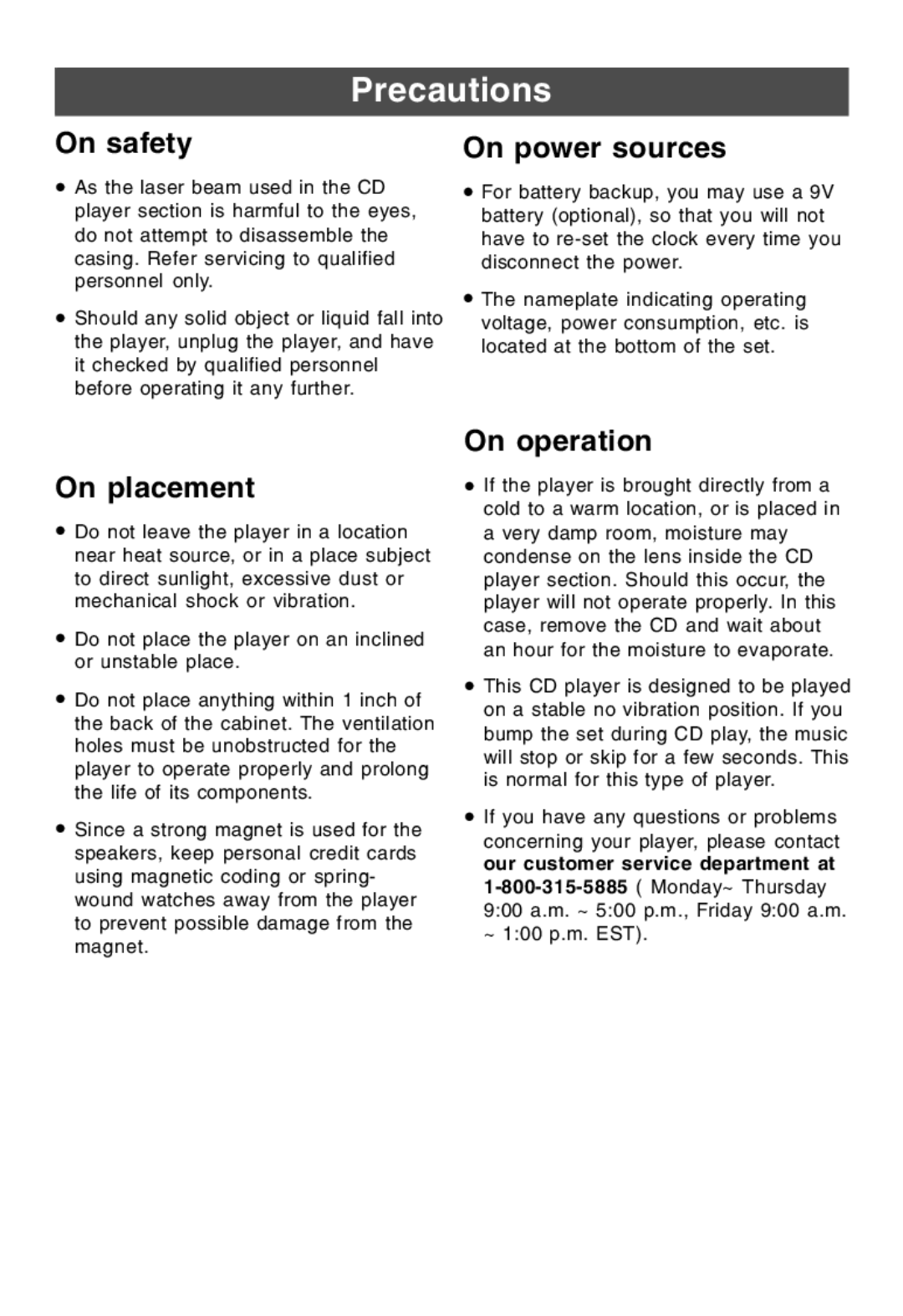 Lenoxx Electronics CDR-190 operating instructions Precautions, On safety, On power sources, On placement, On operation 