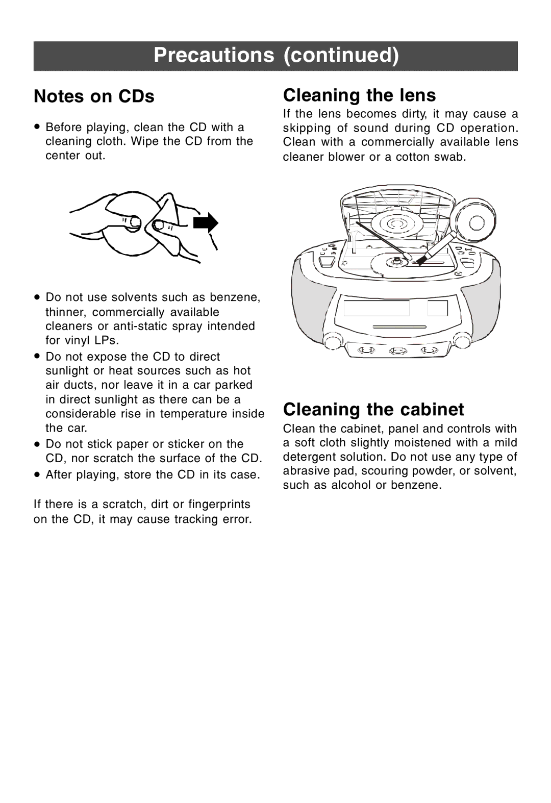 Lenoxx Electronics CDR-190 operating instructions Cleaning the lens, Cleaning the cabinet 