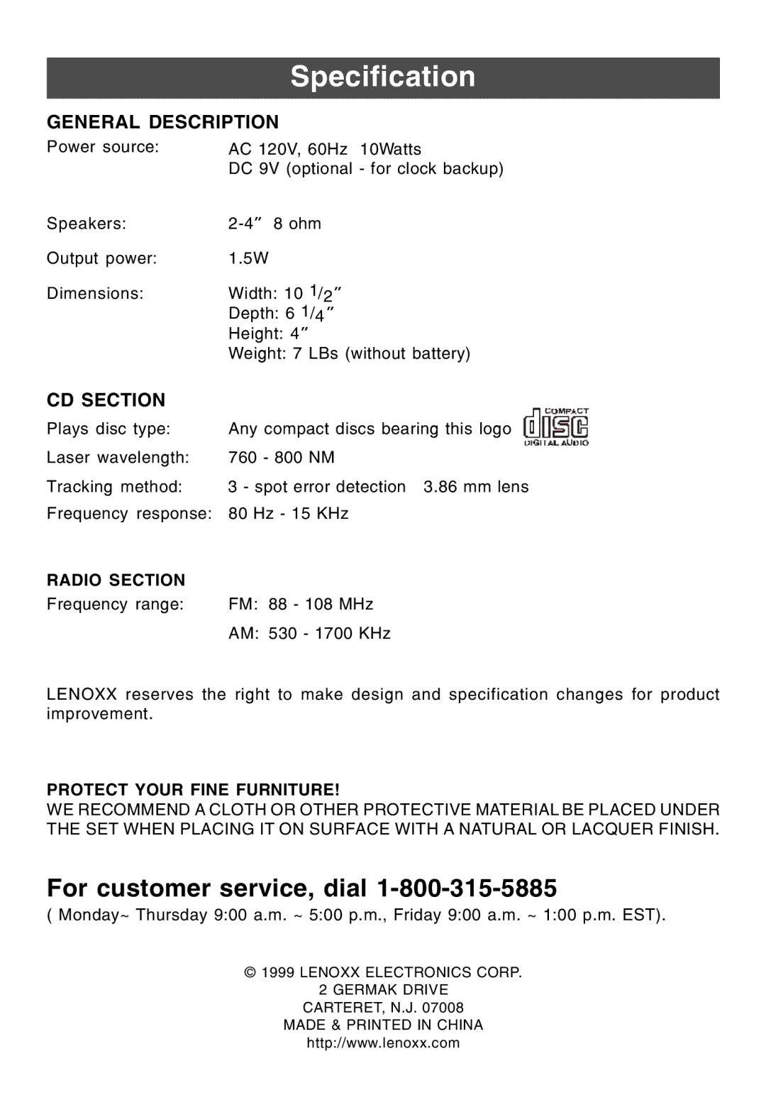 Lenoxx Electronics CDR-190 operating instructions Specification, For customer service, dial, Radio Section 