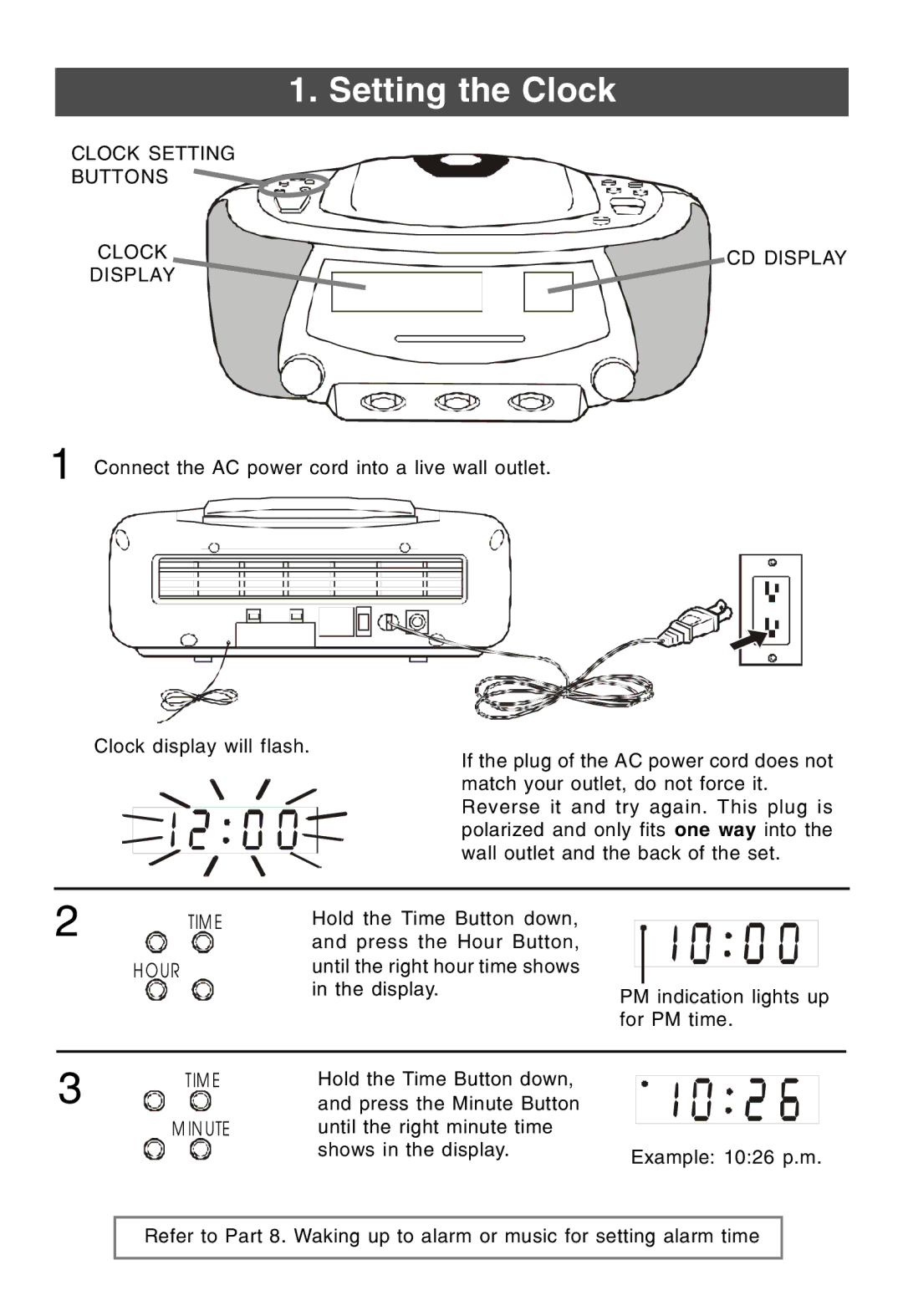 Lenoxx Electronics CDR-190 operating instructions Setting the Clock, Clock Setting Buttons CD Display, TIM E Hour 