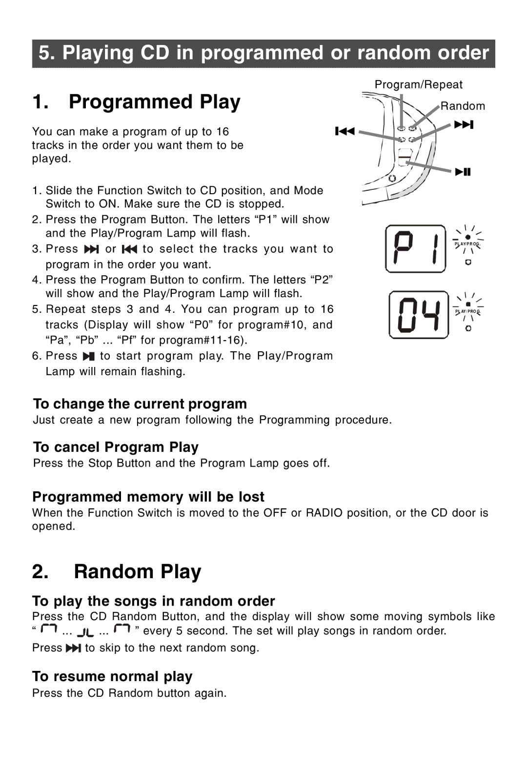 Lenoxx Electronics CDR-190 operating instructions Playing CD in programmed or random order, Programmed Play 