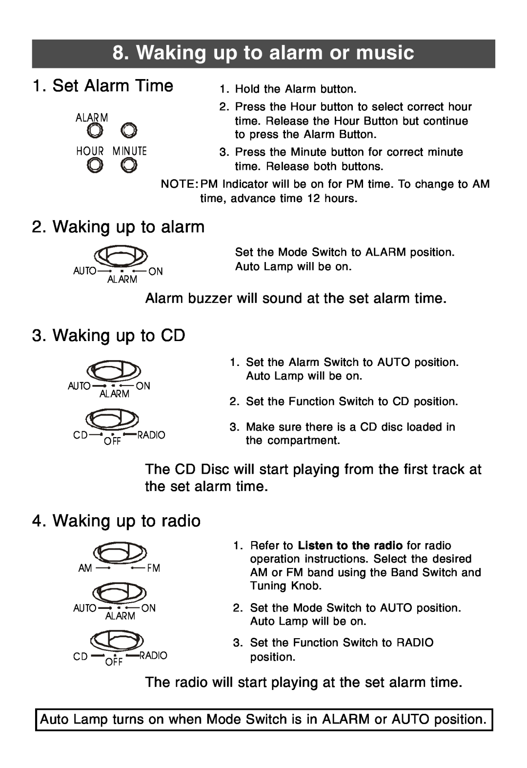 Lenoxx Electronics CDR-190 Waking up to alarm or music, Set Alarm Time, Waking up to CD, Waking up to radio 
