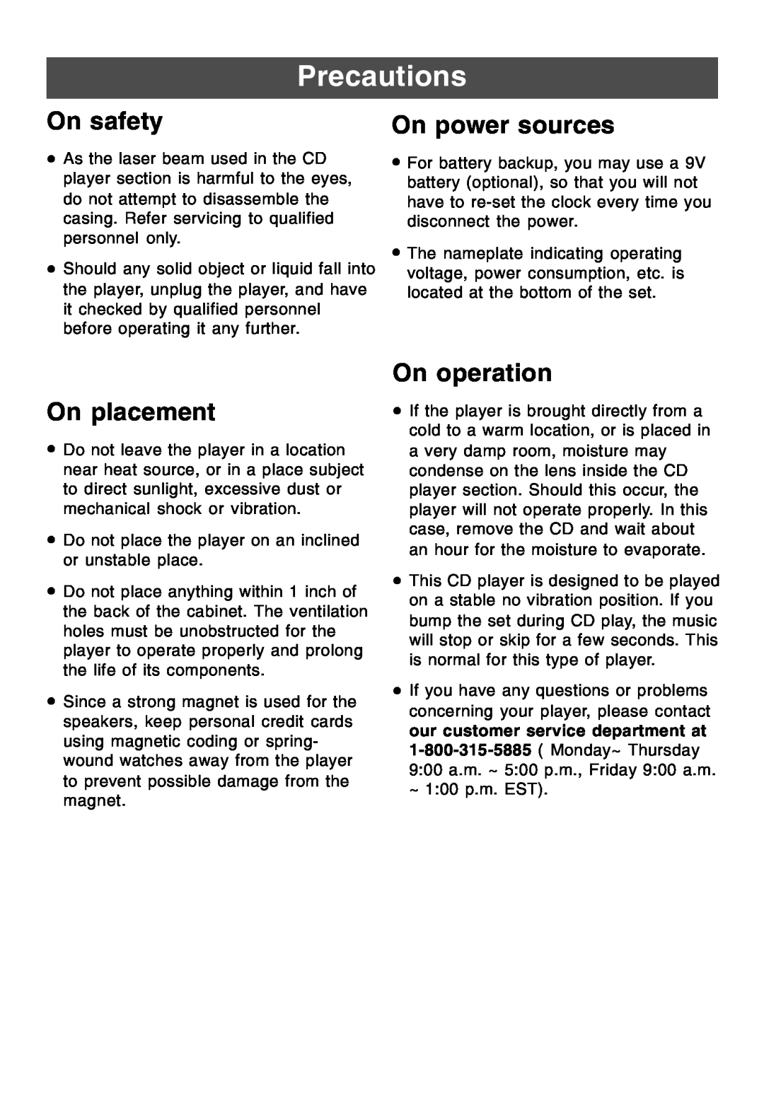 Lenoxx Electronics CDR-190 operating instructions Precautions, On safety, On power sources, On placement, On operation 
