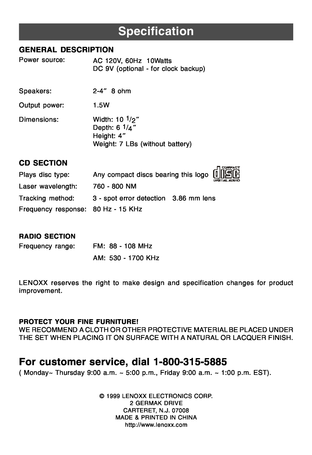 Lenoxx Electronics CDR-190 Specification, For customer service, dial, General Description, Cd Section 