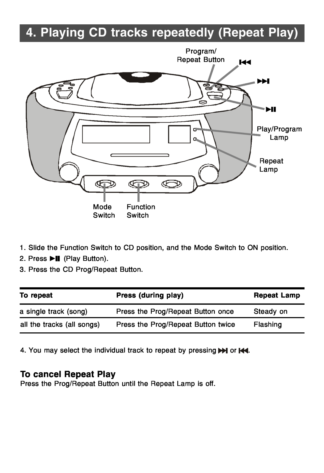 Lenoxx Electronics CDR-190 operating instructions Playing CD tracks repeatedly Repeat Play, To cancel Repeat Play 