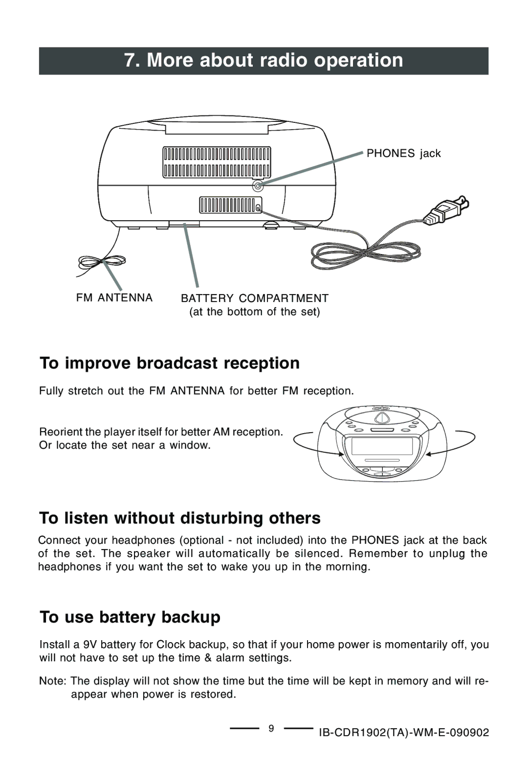 Lenoxx Electronics CDR-1902 To improve broadcast reception, To listen without disturbing others, To use battery backup 