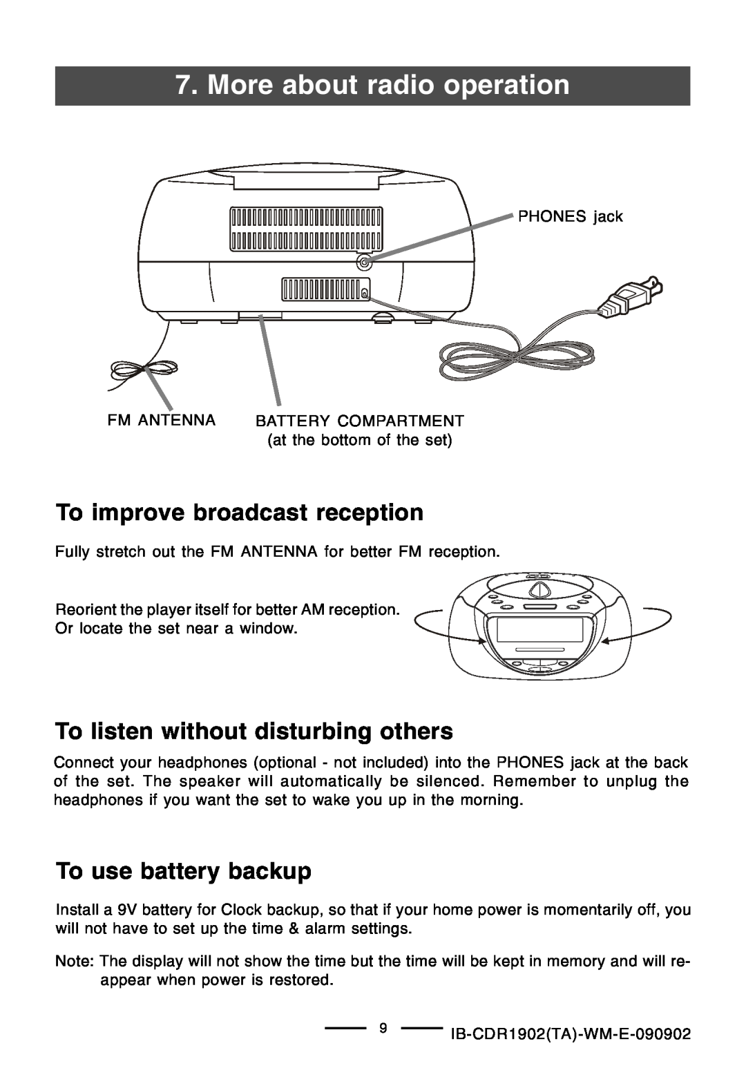 Lenoxx Electronics CDR-1902 To improve broadcast reception, To listen without disturbing others, To use battery backup 