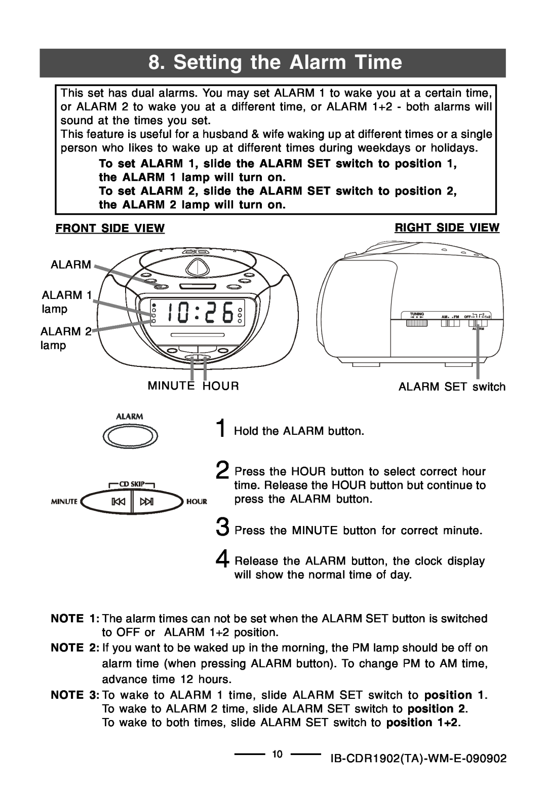 Lenoxx Electronics CDR-1902 operating instructions Setting the Alarm Time 