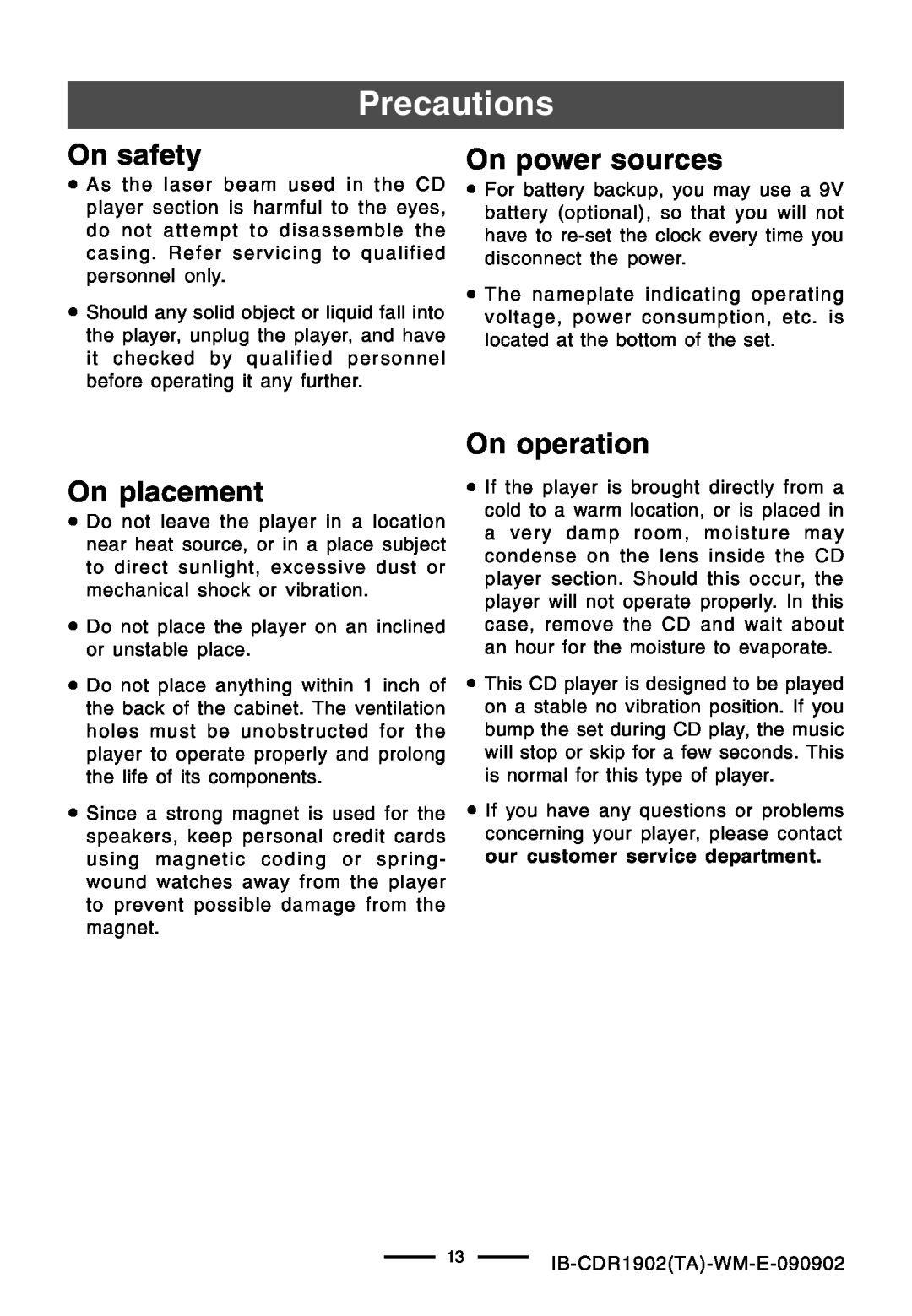 Lenoxx Electronics CDR-1902 operating instructions Precautions, On safety, On power sources, On placement, On operation 