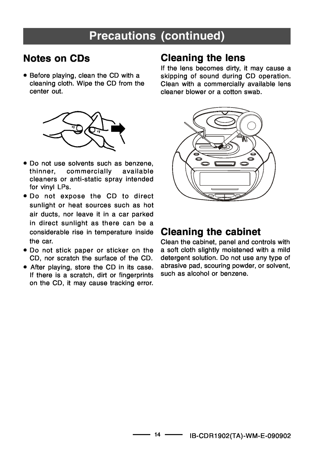 Lenoxx Electronics CDR-1902 Precautions continued, Notes on CDs, Cleaning the lens, Cleaning the cabinet 
