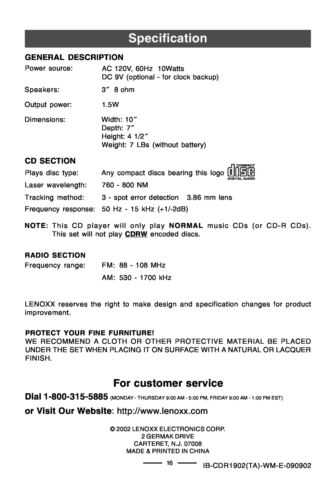 Lenoxx Electronics CDR-1902 operating instructions Specification, For customer service, General Description, Cd Section 