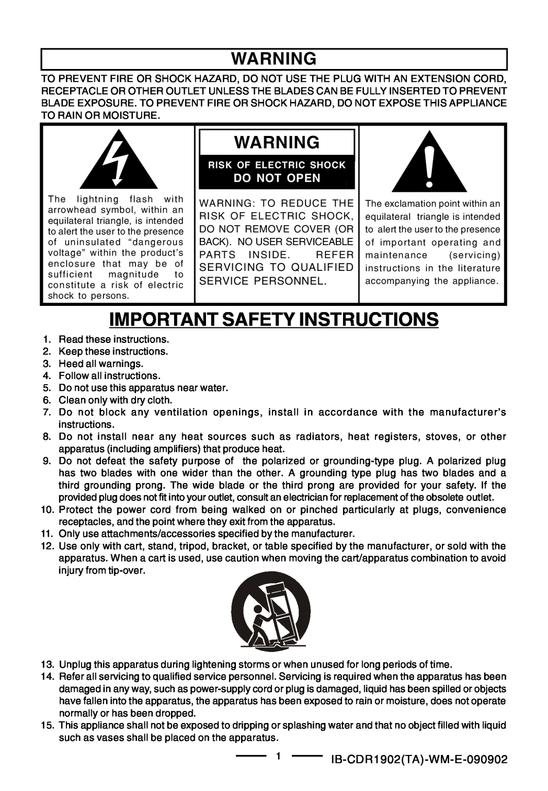 Lenoxx Electronics CDR-1902 Important Safety Instructions, Do Not Open, 1IB-CDR1902TA-WM-E-090902, Risk Of Electric Shock 