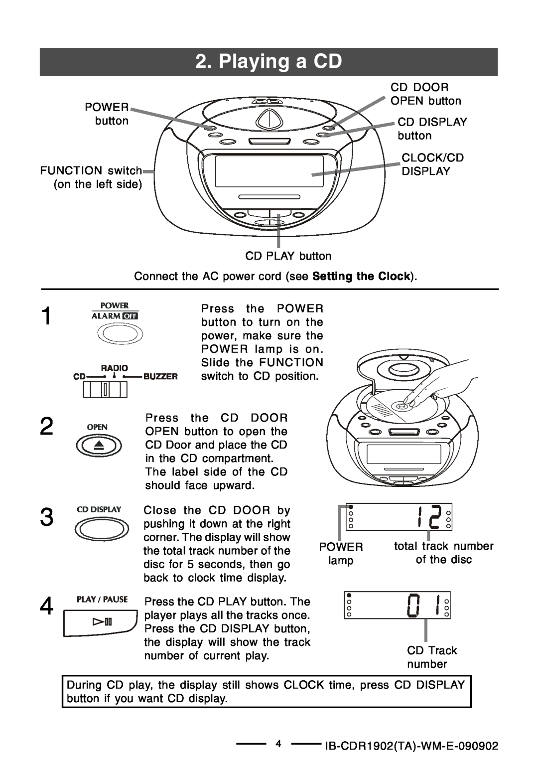 Lenoxx Electronics CDR-1902 operating instructions Playing a CD 