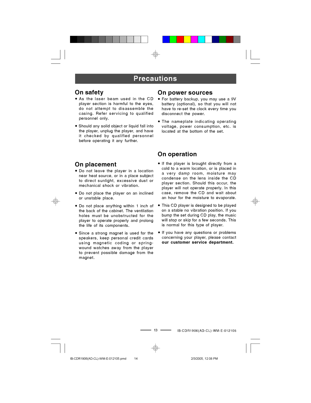 Lenoxx Electronics CDR1906 manual Precautions, On safety, On power sources, On placement, On operation 