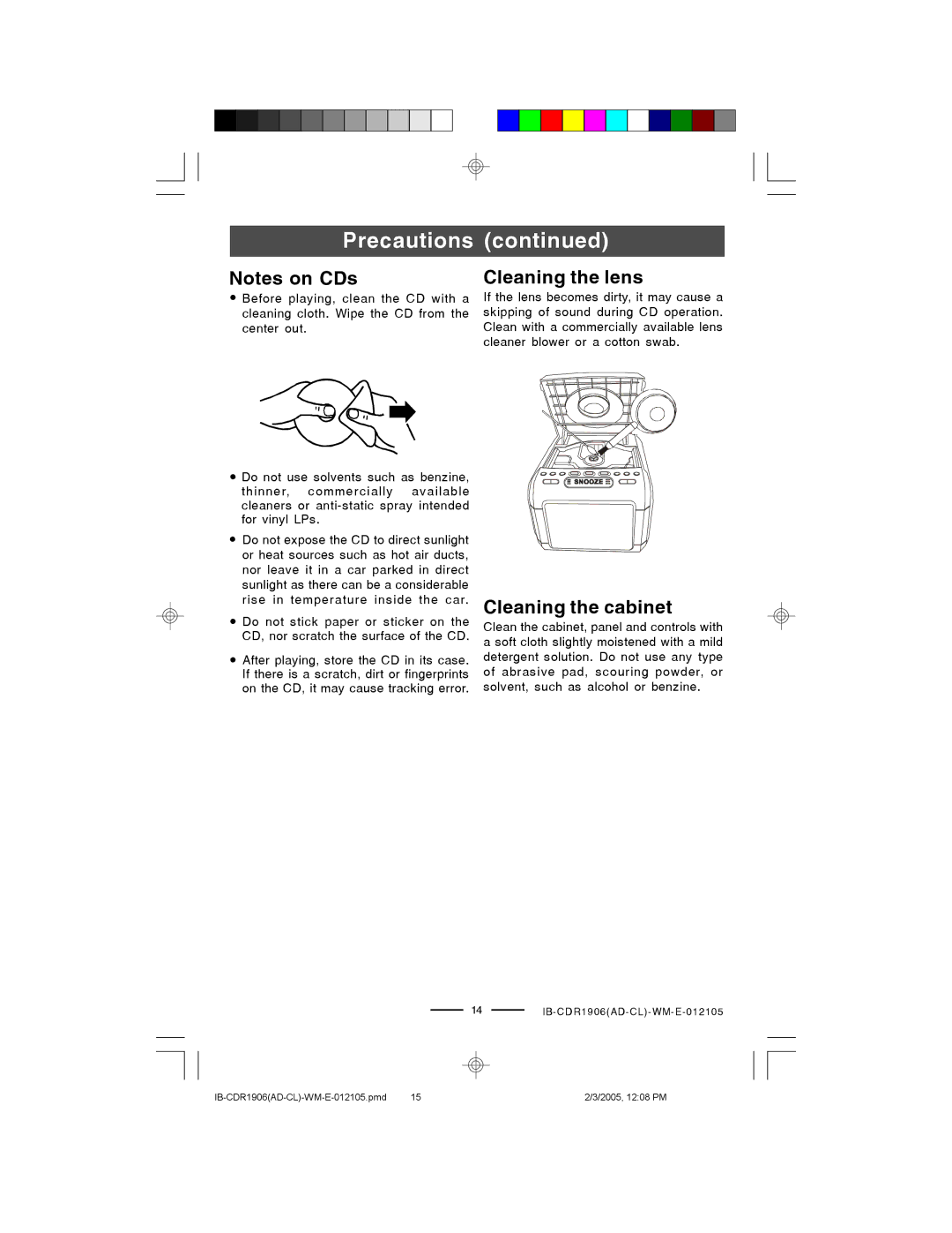 Lenoxx Electronics CDR1906 manual Cleaning the lens, Cleaning the cabinet 