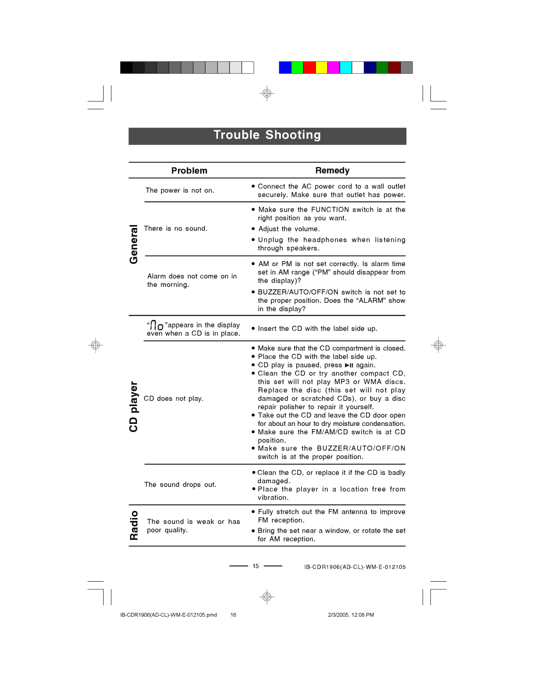 Lenoxx Electronics CDR1906 manual Trouble Shooting, General, PlayerCD, Radio 