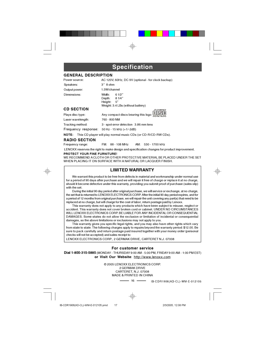 Lenoxx Electronics CDR1906 manual Specification, General Description 