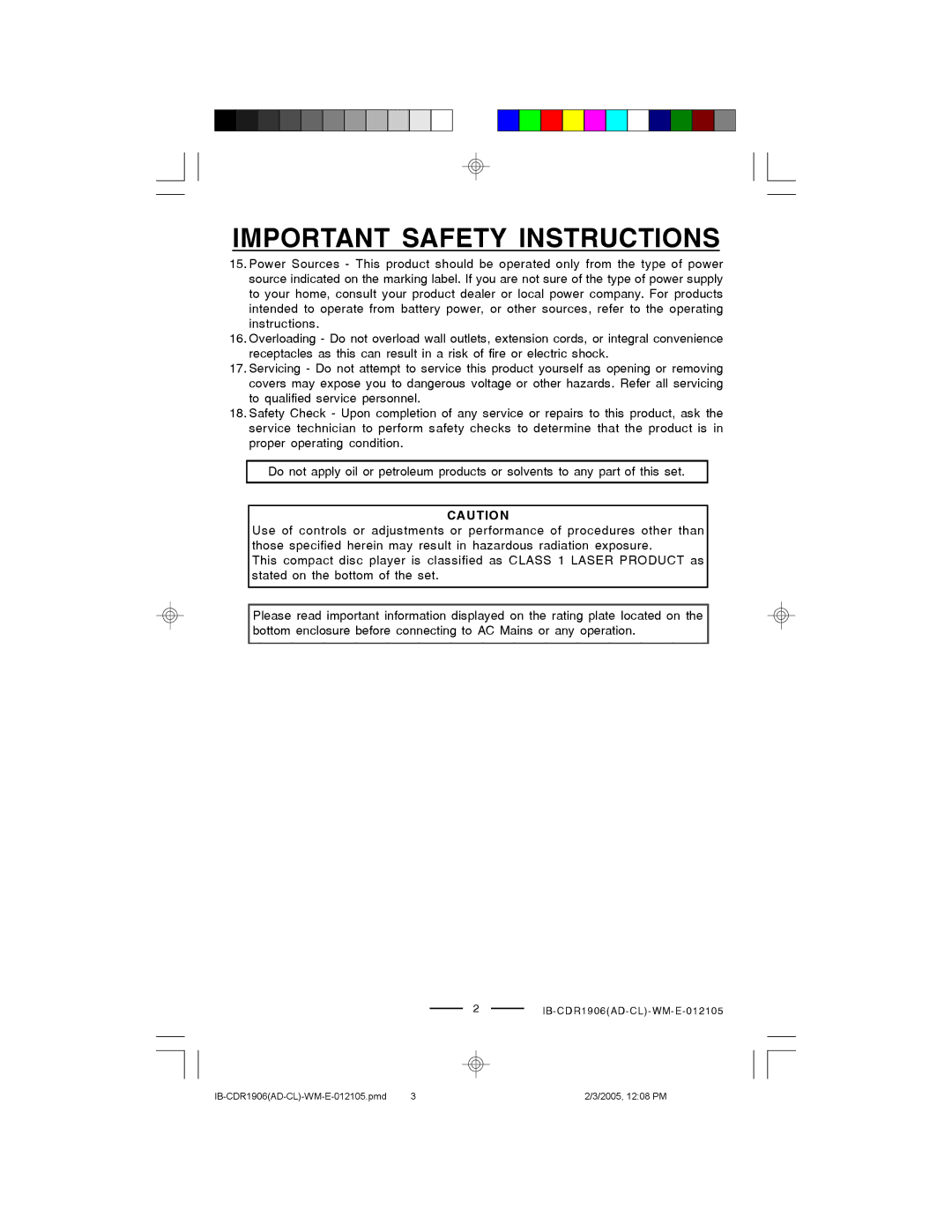 Lenoxx Electronics CDR1906 manual Important Safety Instructions 