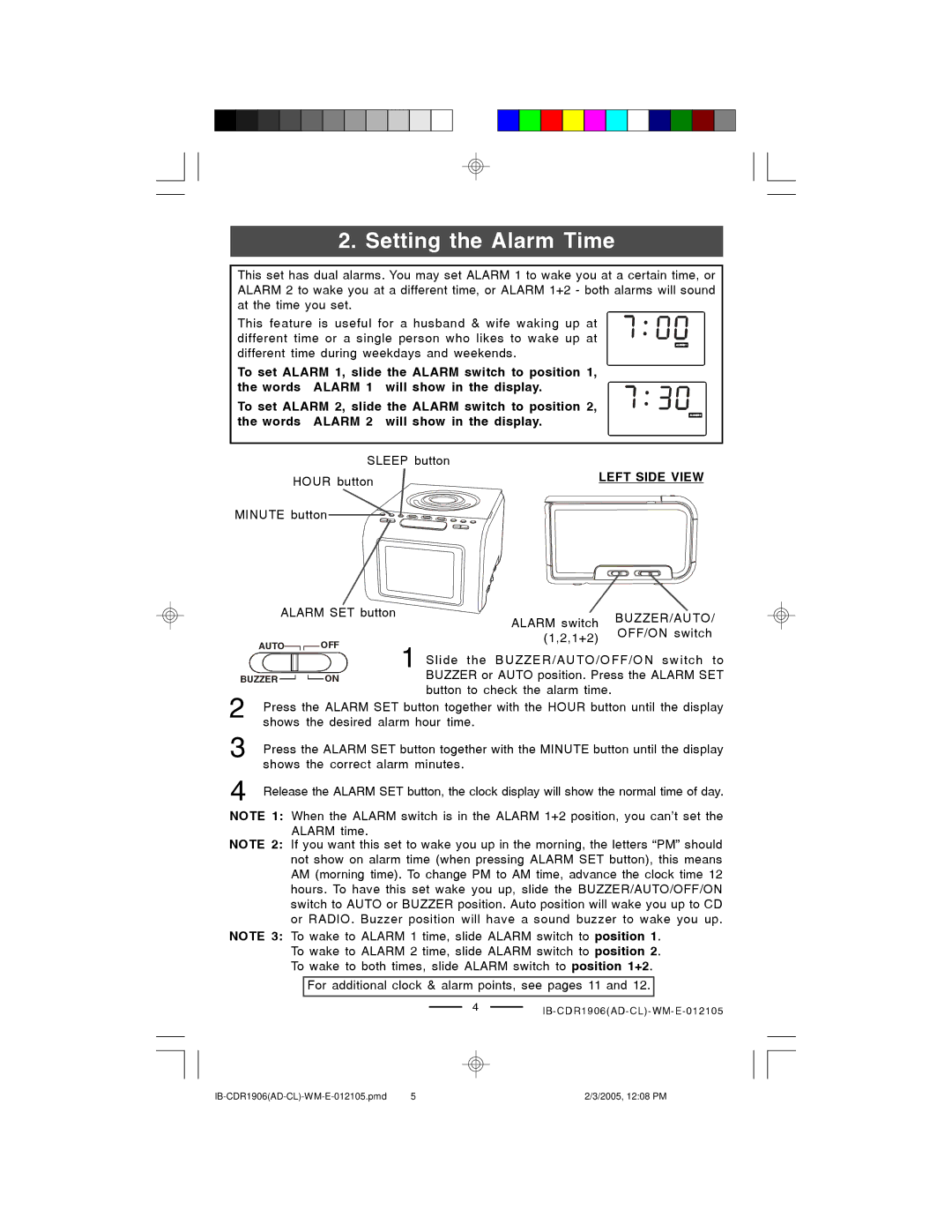 Lenoxx Electronics CDR1906 manual Setting the Alarm Time, Buzzer/Auto 