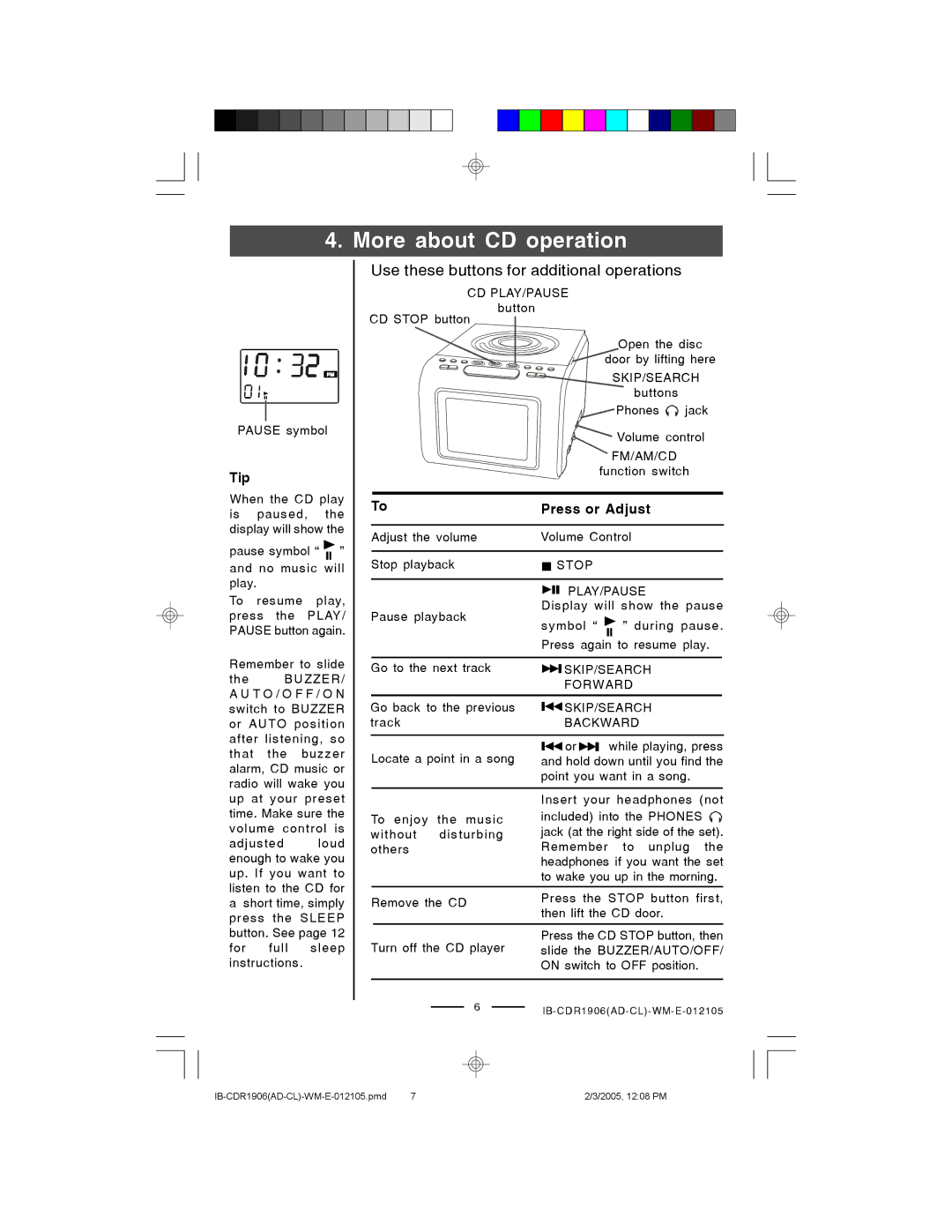 Lenoxx Electronics CDR1906 manual More about CD operation, Skip/Search, Stop PLAY/PAUSE, SKIP/SEARCH Forward Backward 