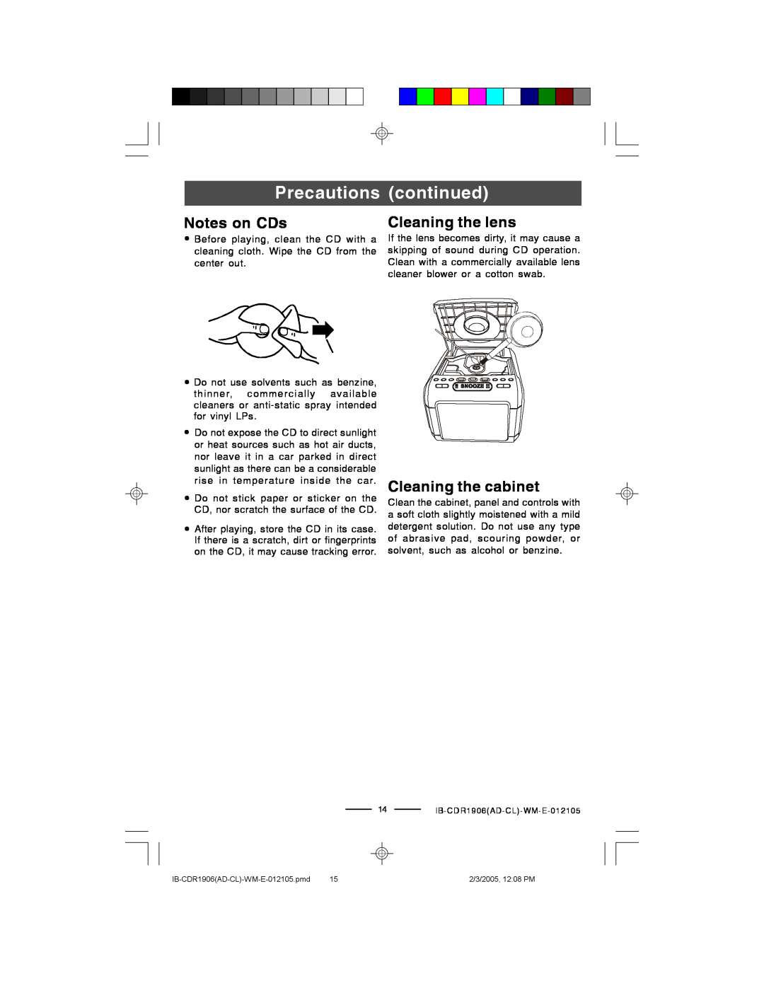 Lenoxx Electronics CDR1906 manual Precautions continued, Notes on CDs, Cleaning the lens, Cleaning the cabinet 