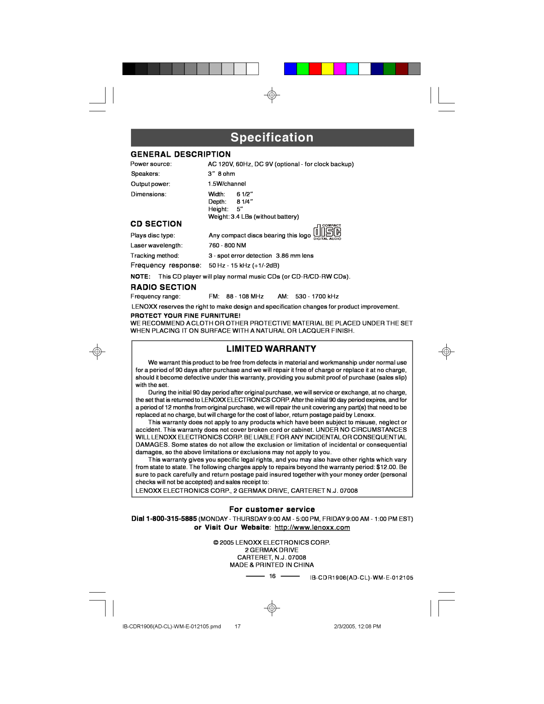 Lenoxx Electronics CDR1906 manual Specification, General Description, Cd Section, Radio Section, For customer service 