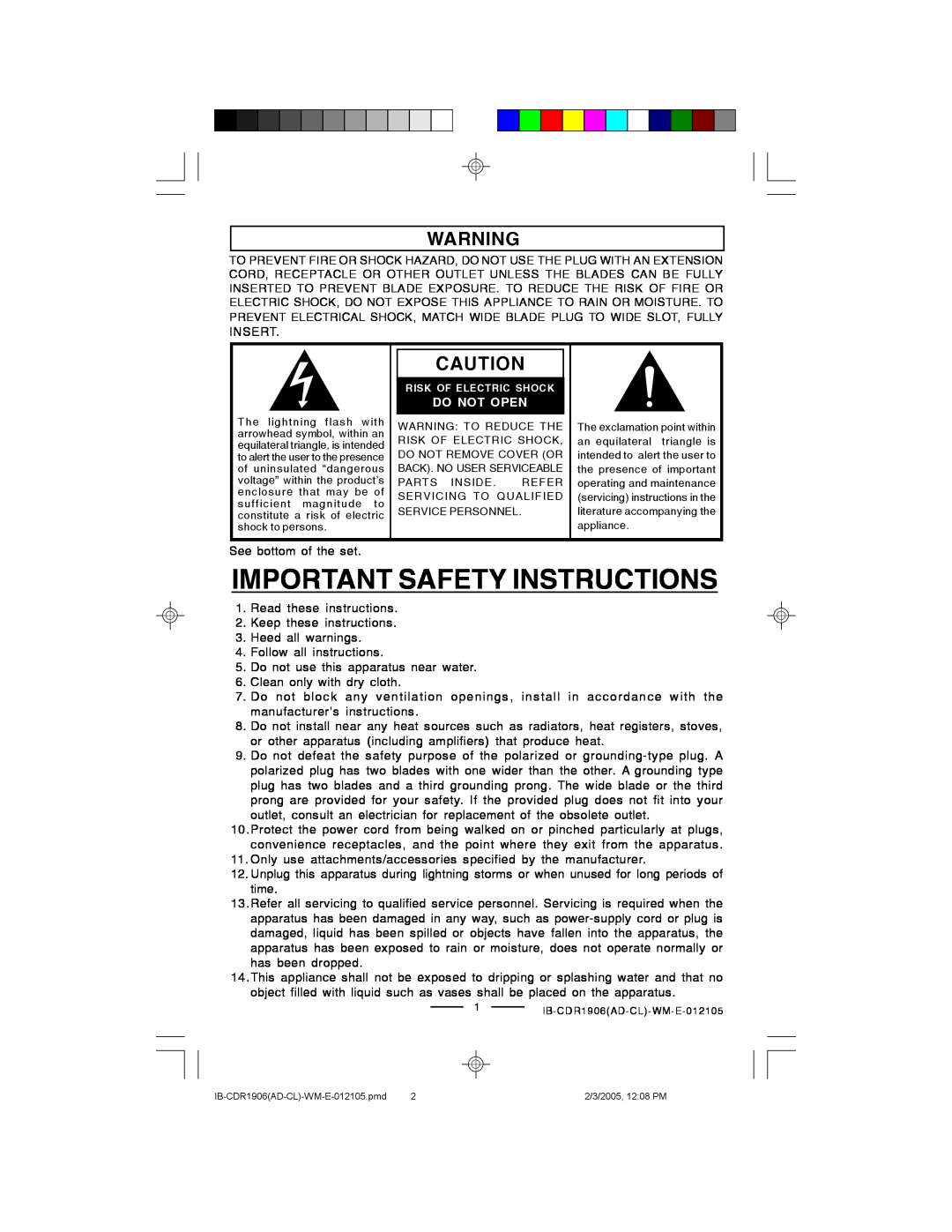 Lenoxx Electronics CDR1906 manual Important Safety Instructions, Do Not Open 