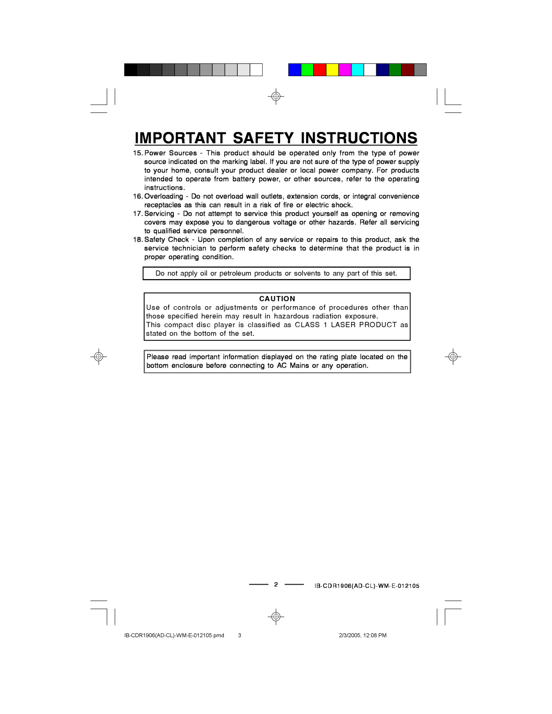 Lenoxx Electronics manual Important Safety Instructions, 2IB-CDR1906AD-CL-WM-E-012105, IB-CDR1906AD-CL-WM-E-012105.pmd 