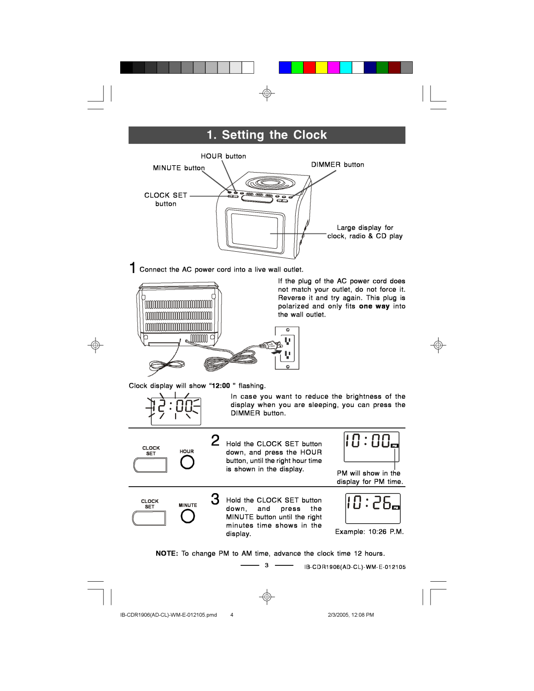 Lenoxx Electronics CDR1906 manual Setting the Clock 