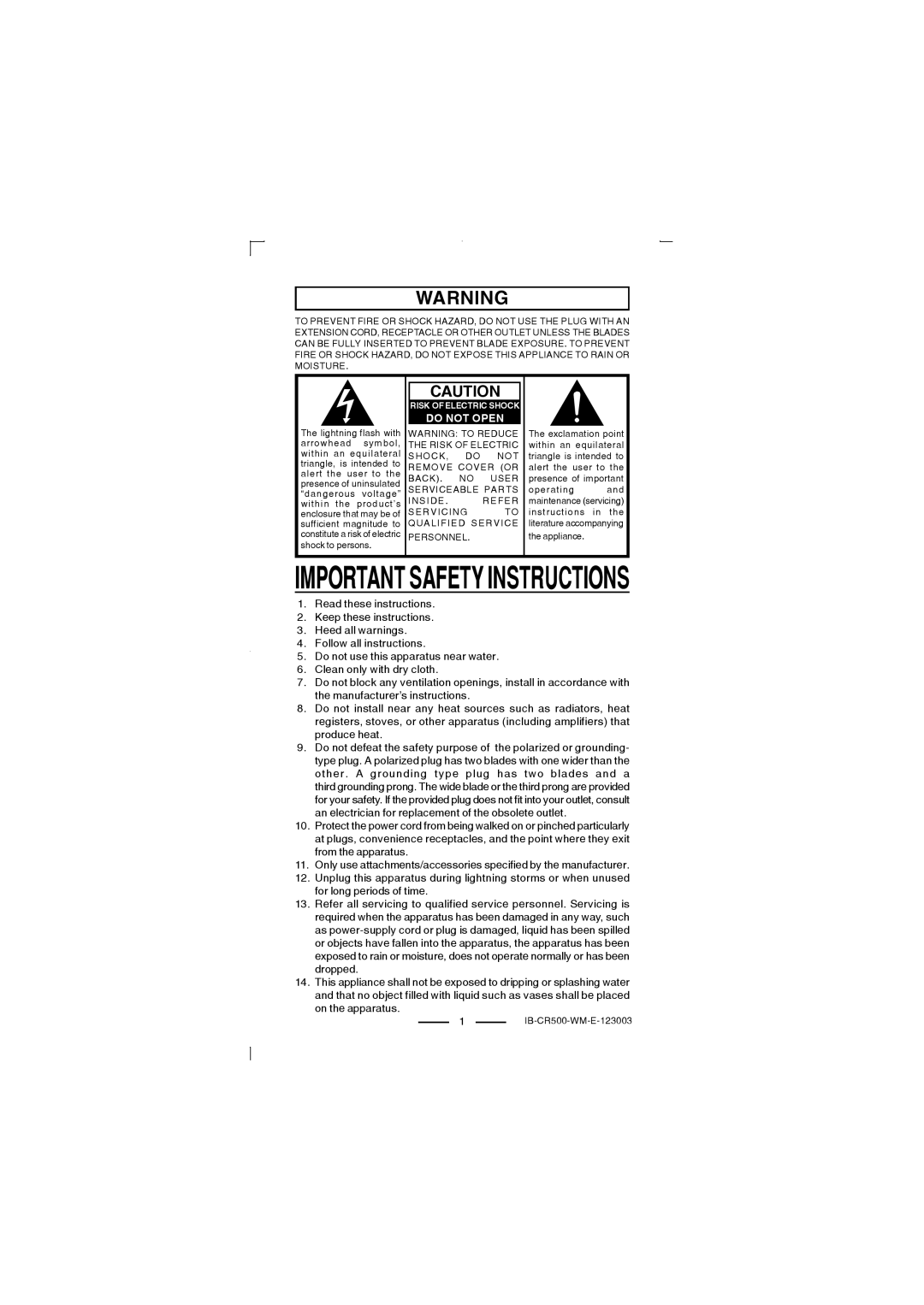 Lenoxx Electronics CR-500 operating instructions Important Safety Instructions 