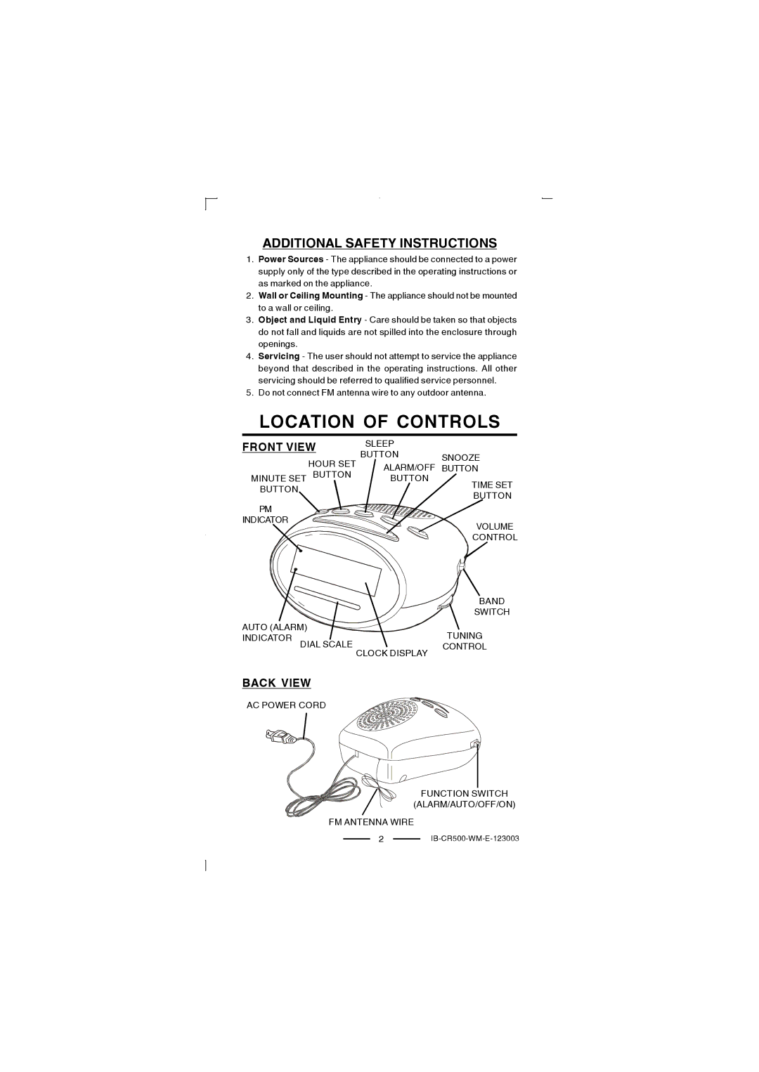 Lenoxx Electronics CR-500 operating instructions Location of Controls, Front View, Back View 