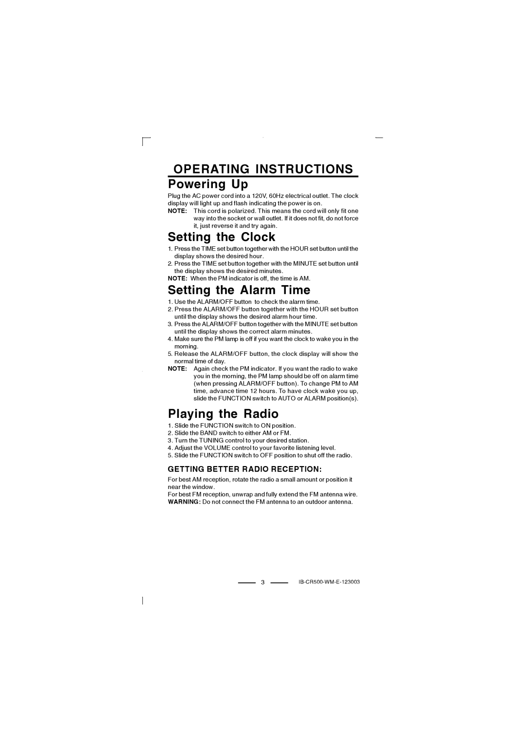 Lenoxx Electronics CR-500 Operating Instructions Powering Up, Setting the Clock, Setting the Alarm Time, Playing the Radio 