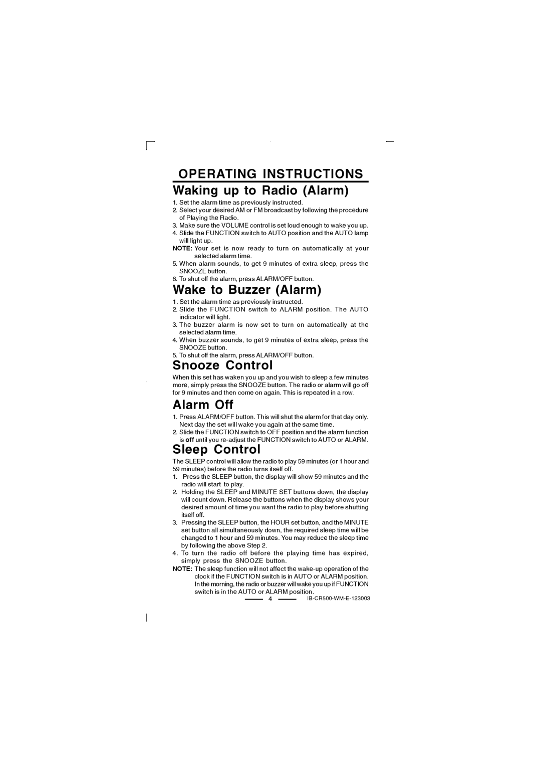 Lenoxx Electronics CR-500 Operating Instructions Waking up to Radio Alarm, Wake to Buzzer Alarm, Snooze Control, Alarm Off 