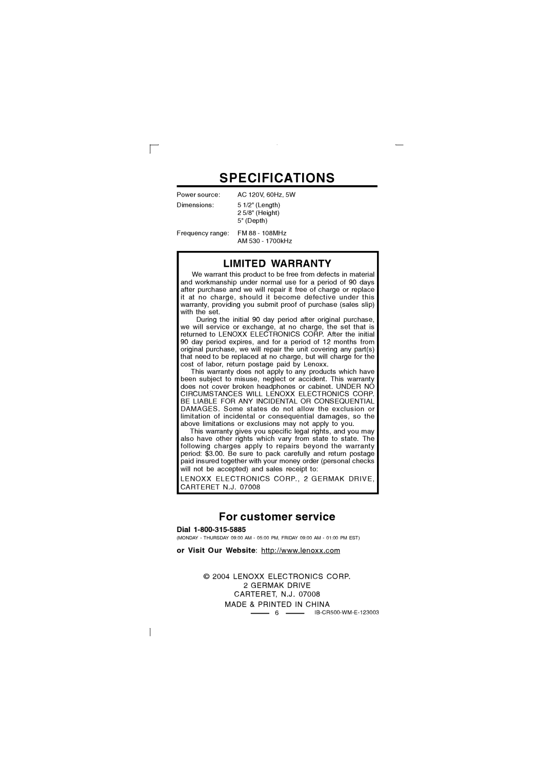 Lenoxx Electronics CR-500 operating instructions Specifications, Limited Warranty 