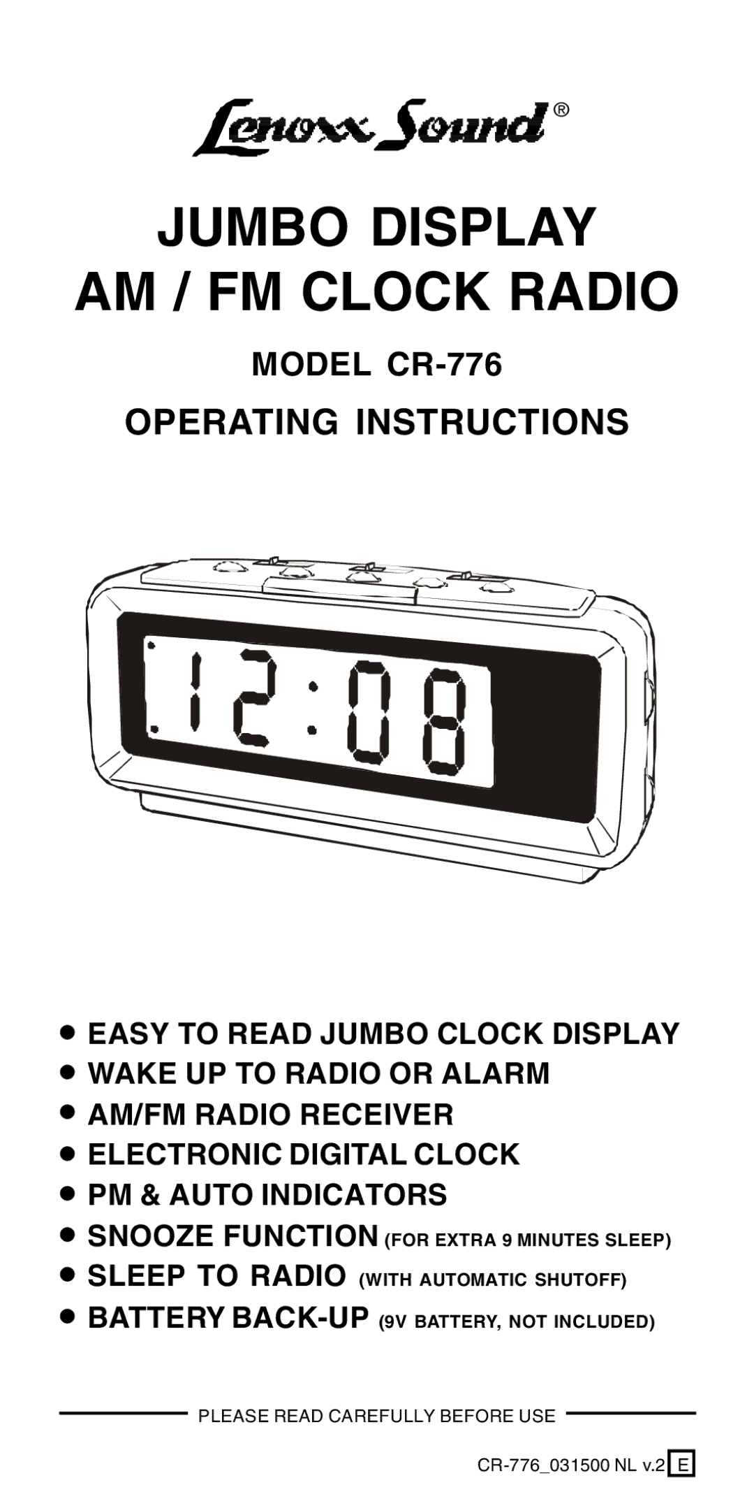 Lenoxx Electronics CR-776 operating instructions Jumbo Display AM / FM Clock Radio 