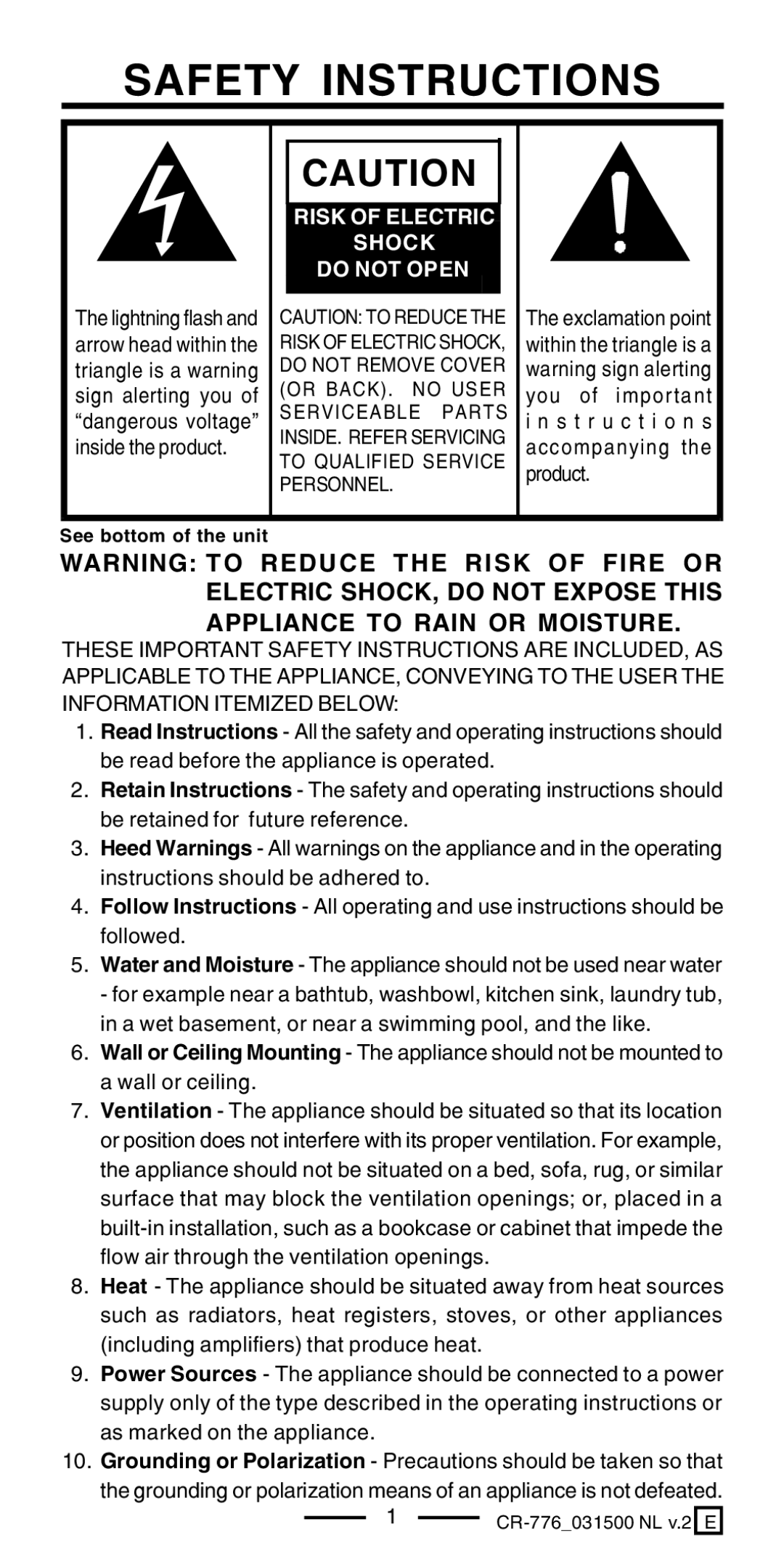 Lenoxx Electronics CR-776 operating instructions Safety Instructions, Risk of Electric Shock Do not Open 