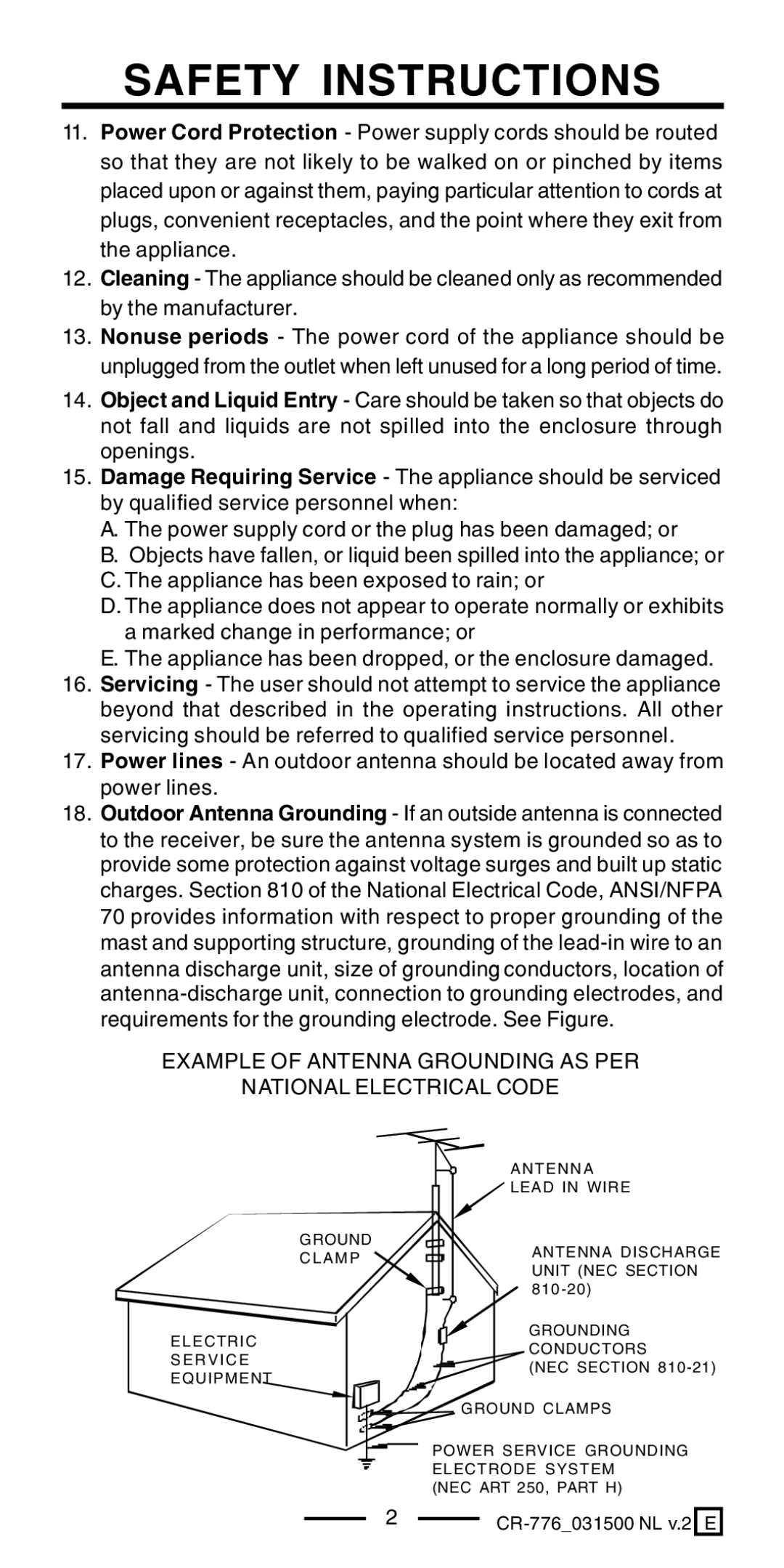 Lenoxx Electronics CR-776 operating instructions Example of Antenna Grounding AS PER National Electrical Code 