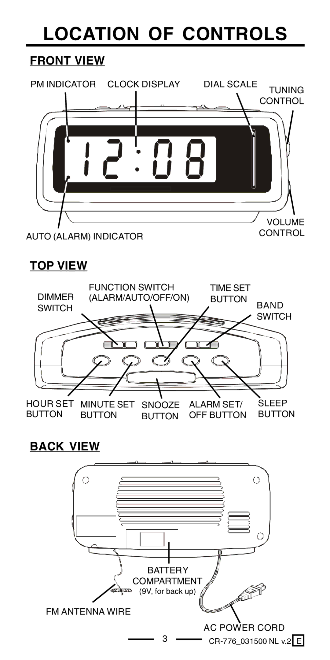 Lenoxx Electronics CR-776 operating instructions Location of Controls, Front View, TOP View, Back View 