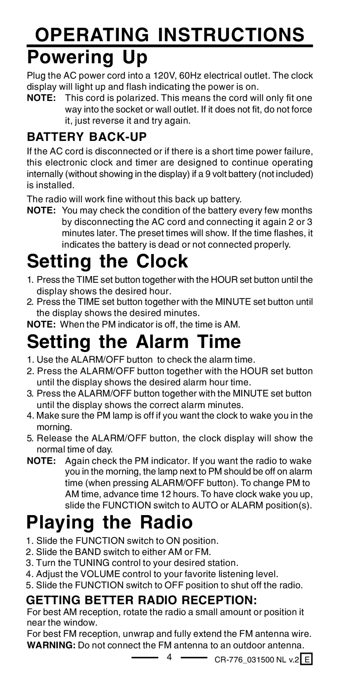 Lenoxx Electronics CR-776 Operating Instructions Powering Up, Setting the Clock, Setting the Alarm Time, Playing the Radio 