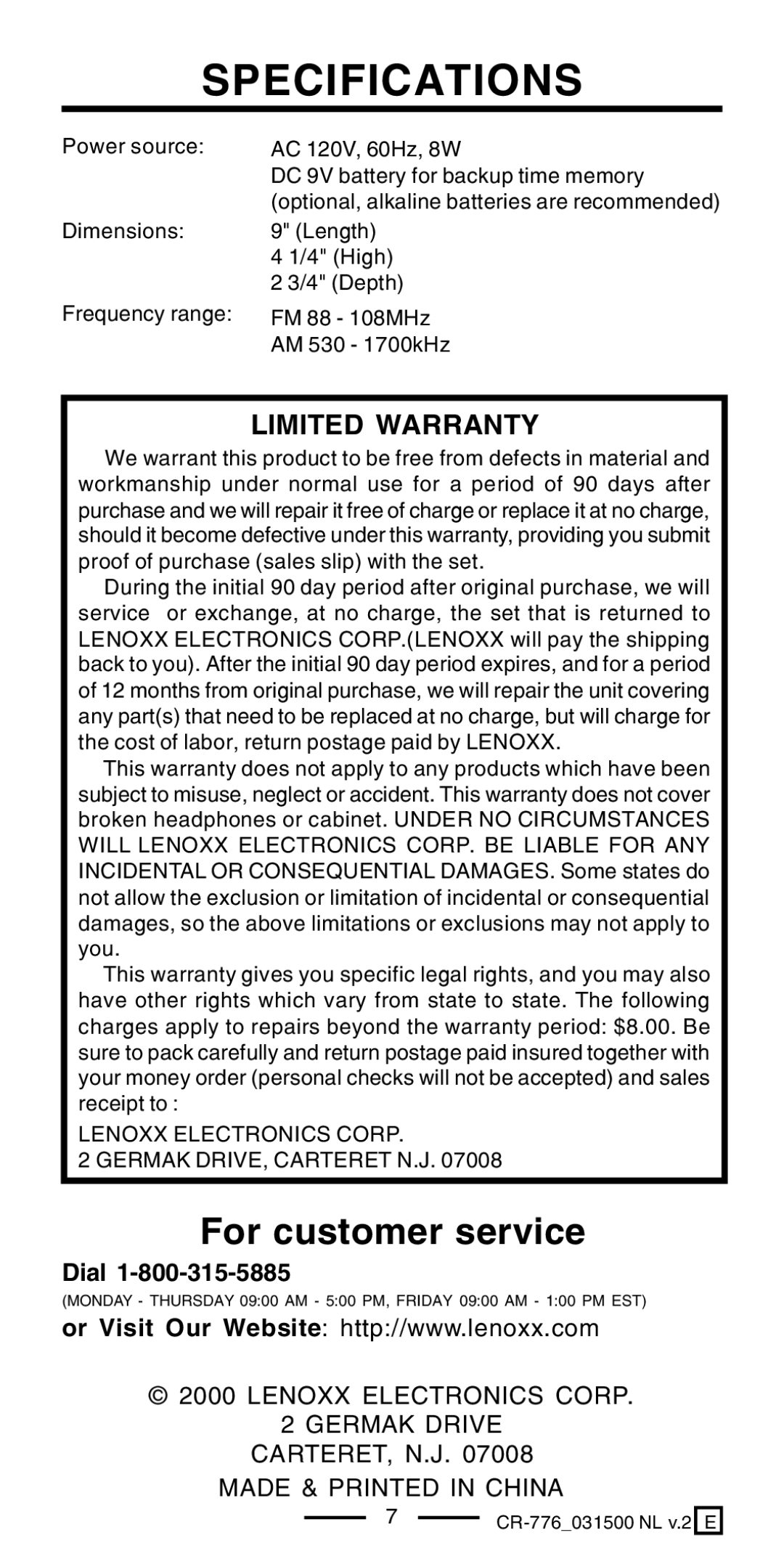 Lenoxx Electronics CR-776 operating instructions Specifications, Limited Warranty 