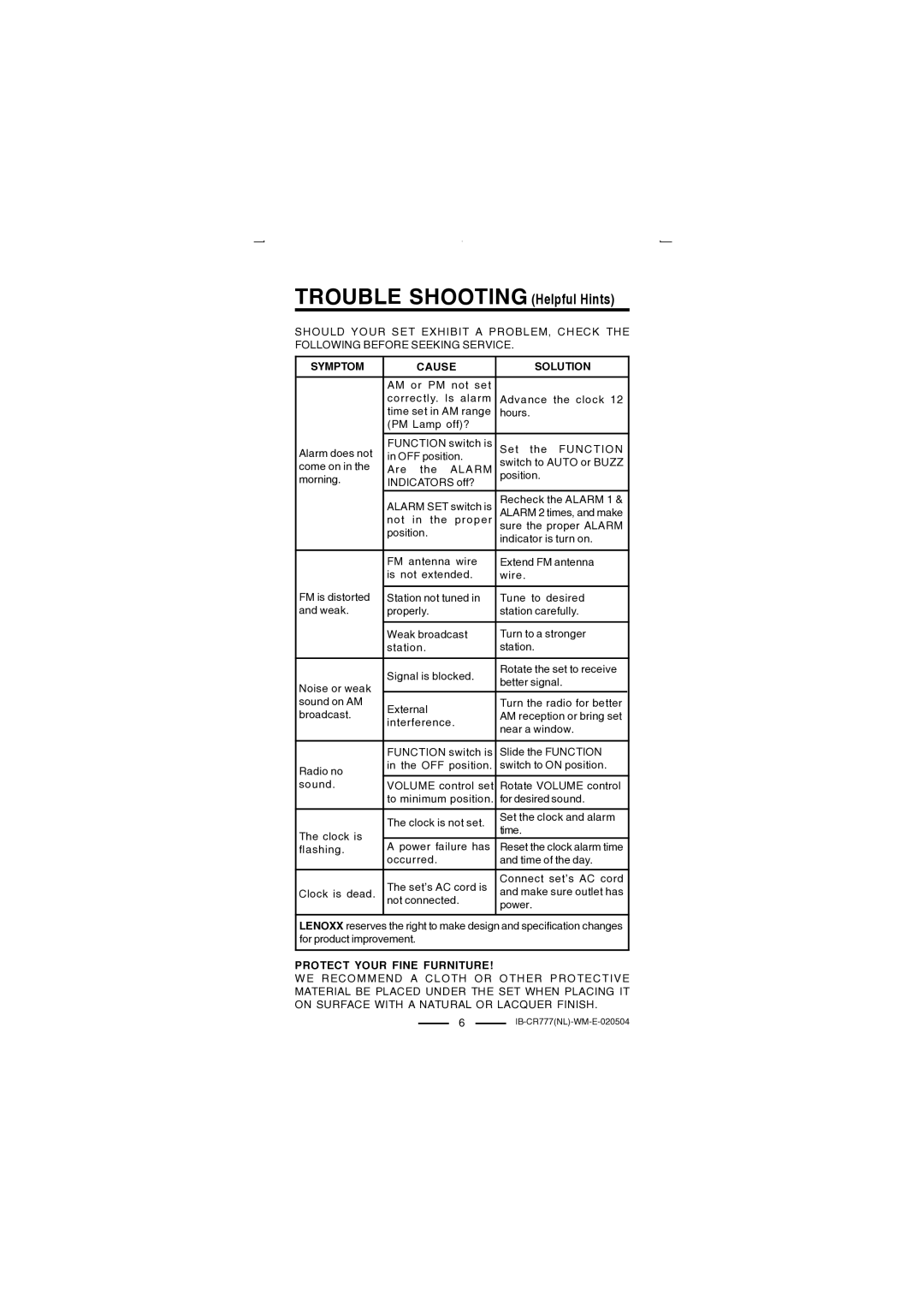 Lenoxx Electronics CR-777 operating instructions Trouble Shooting Helpful Hints, Cause Solution 