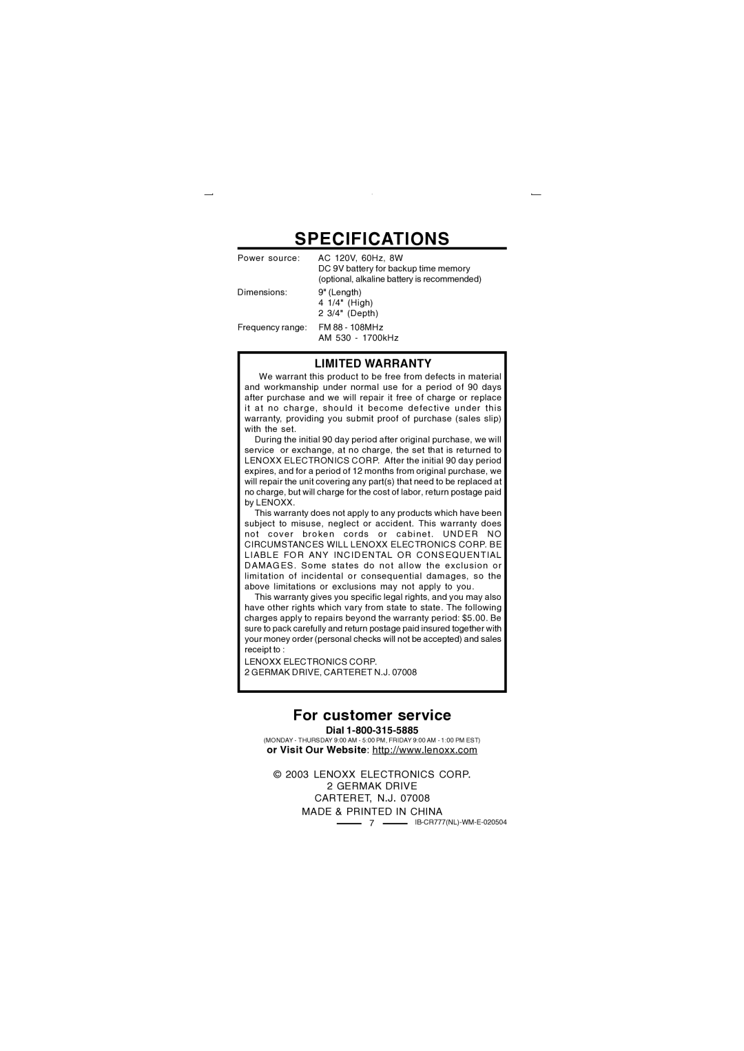 Lenoxx Electronics CR-777 operating instructions Specifications, Limited Warranty 