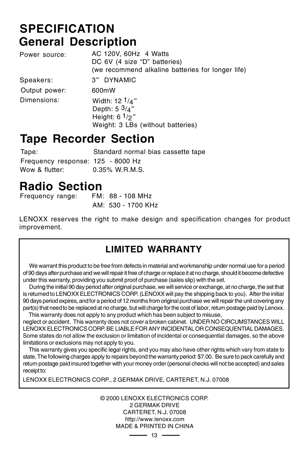 Lenoxx Electronics CT-99 operating instructions Specification General Description, Tape Recorder Section, Radio Section 