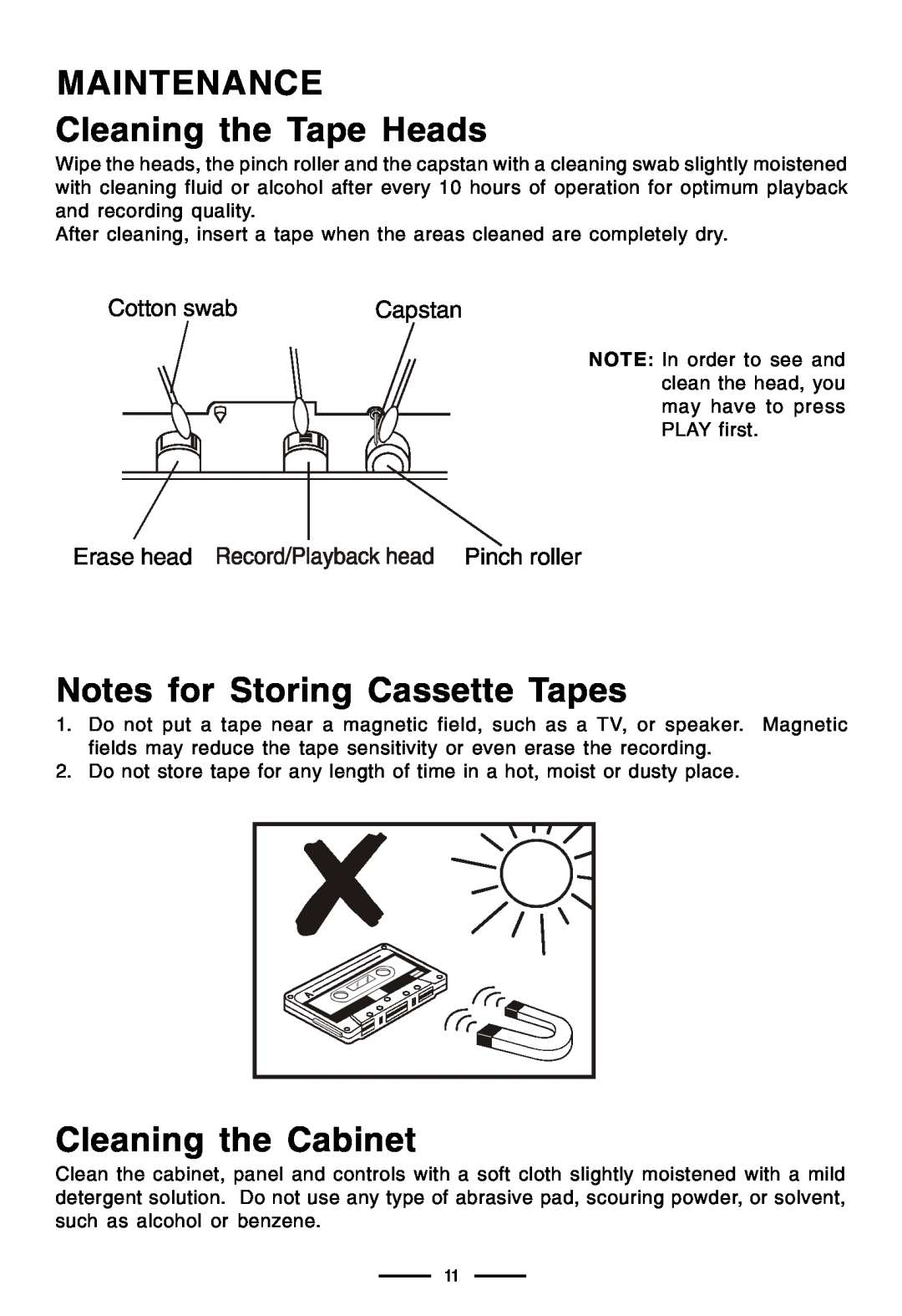 Lenoxx Electronics CT-99 MAINTENANCE Cleaning the Tape Heads, Notes for Storing Cassette Tapes, Cleaning the Cabinet 